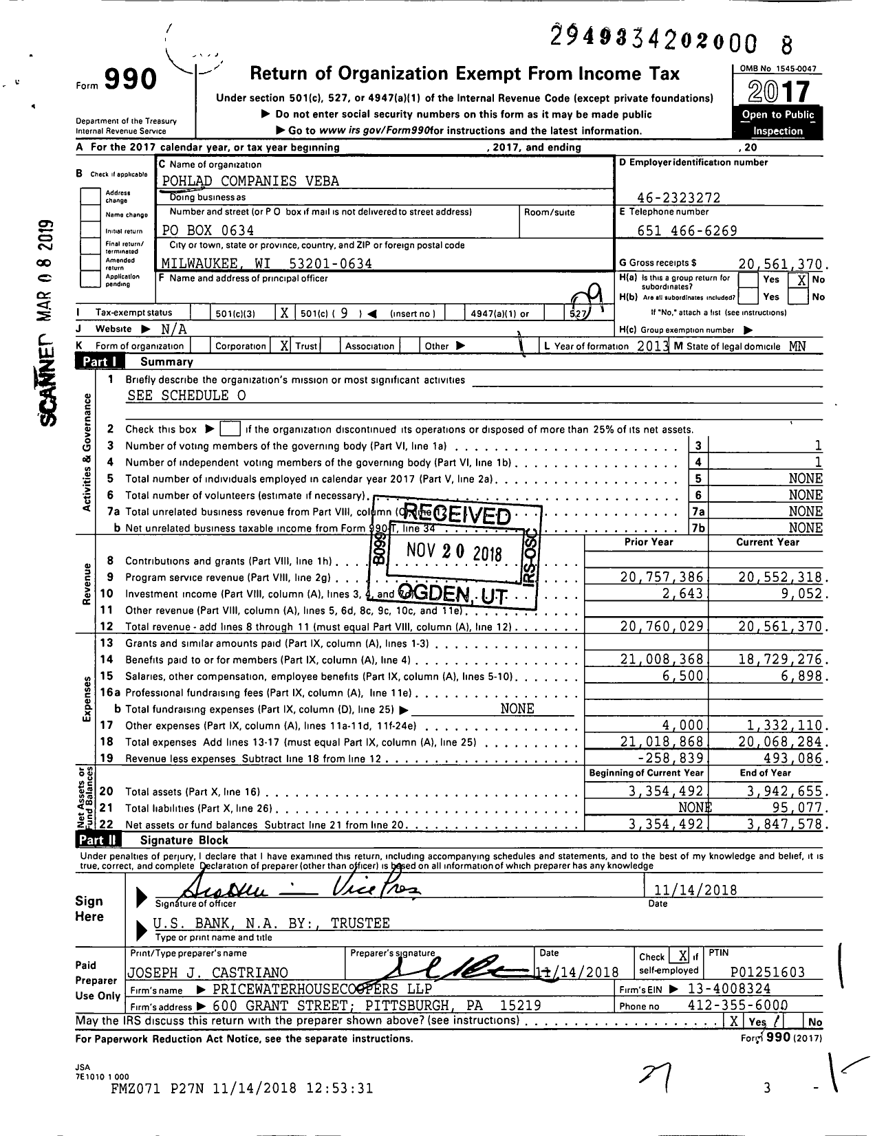 Image of first page of 2017 Form 990O for Pohlad Companies Veba