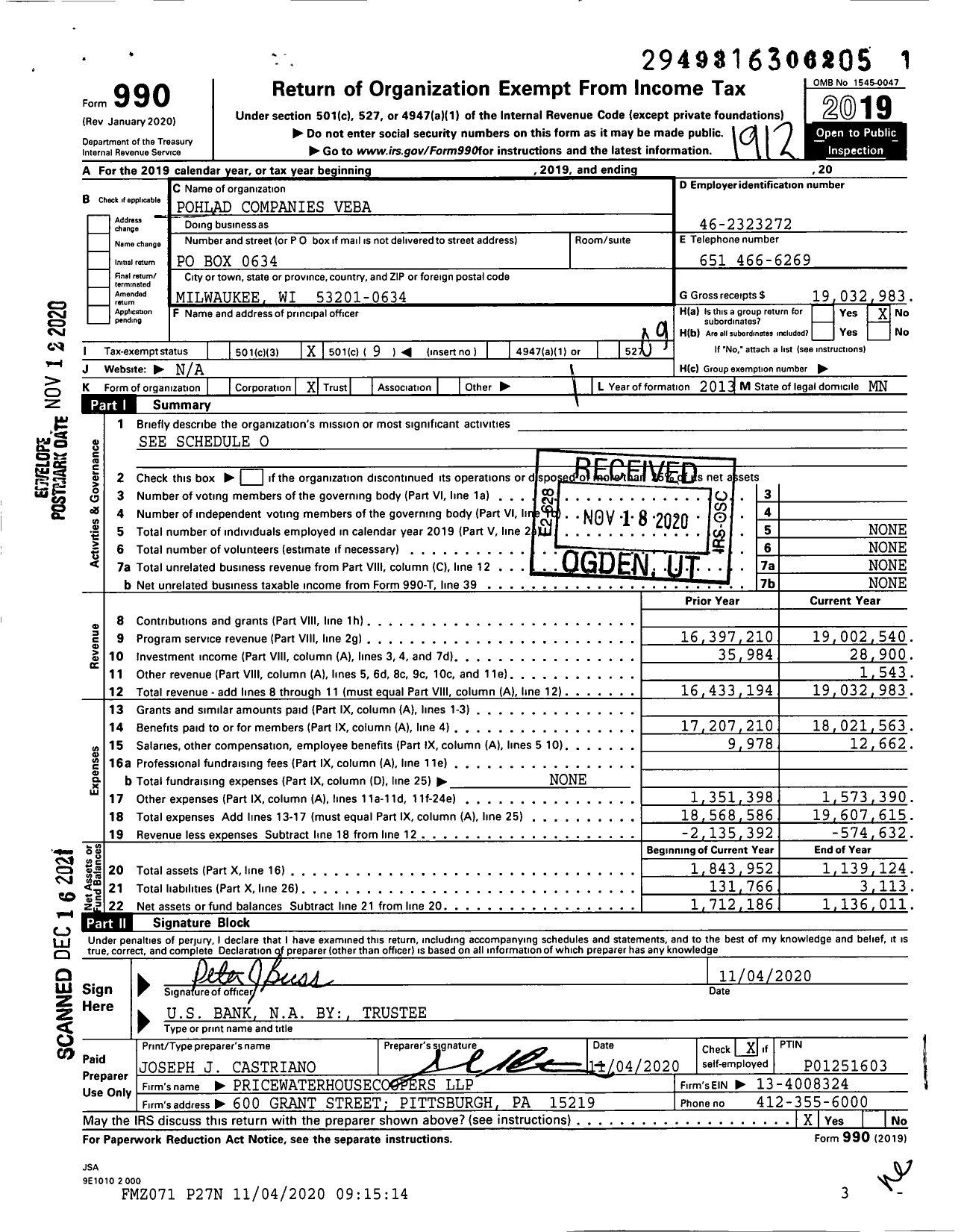 Image of first page of 2019 Form 990O for Pohlad Companies Veba