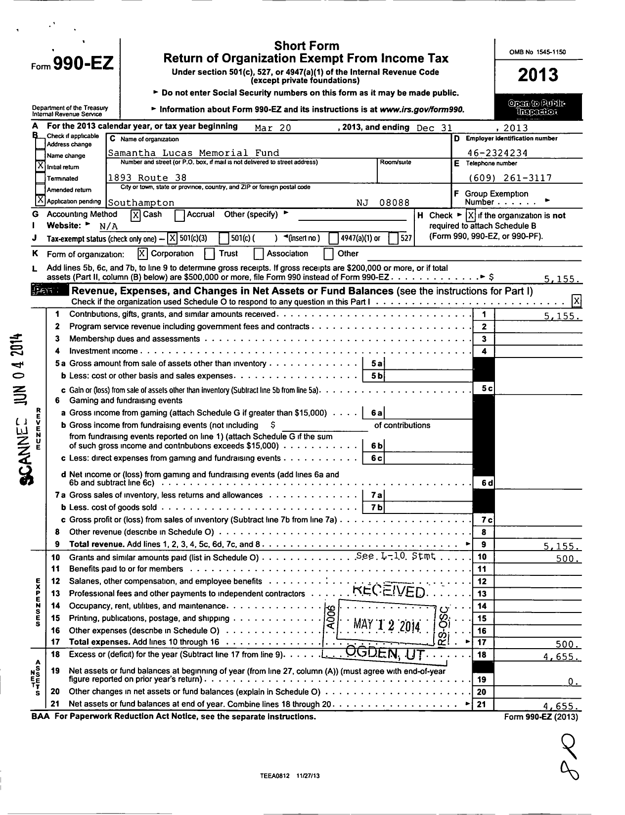 Image of first page of 2013 Form 990EZ for Samantha Lucas Memorial Fund