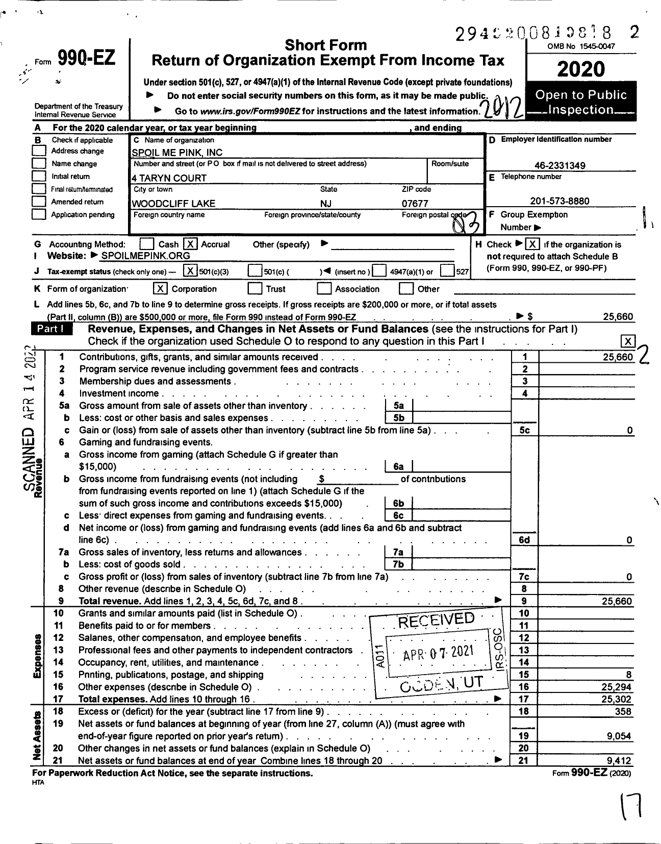 Image of first page of 2020 Form 990EZ for Spoil Me Pink