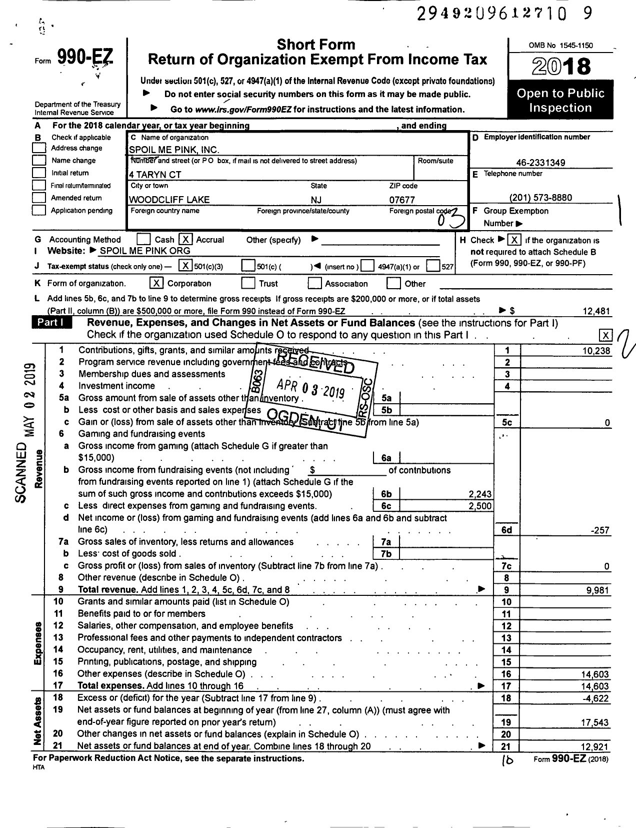 Image of first page of 2018 Form 990EZ for Spoil Me Pink