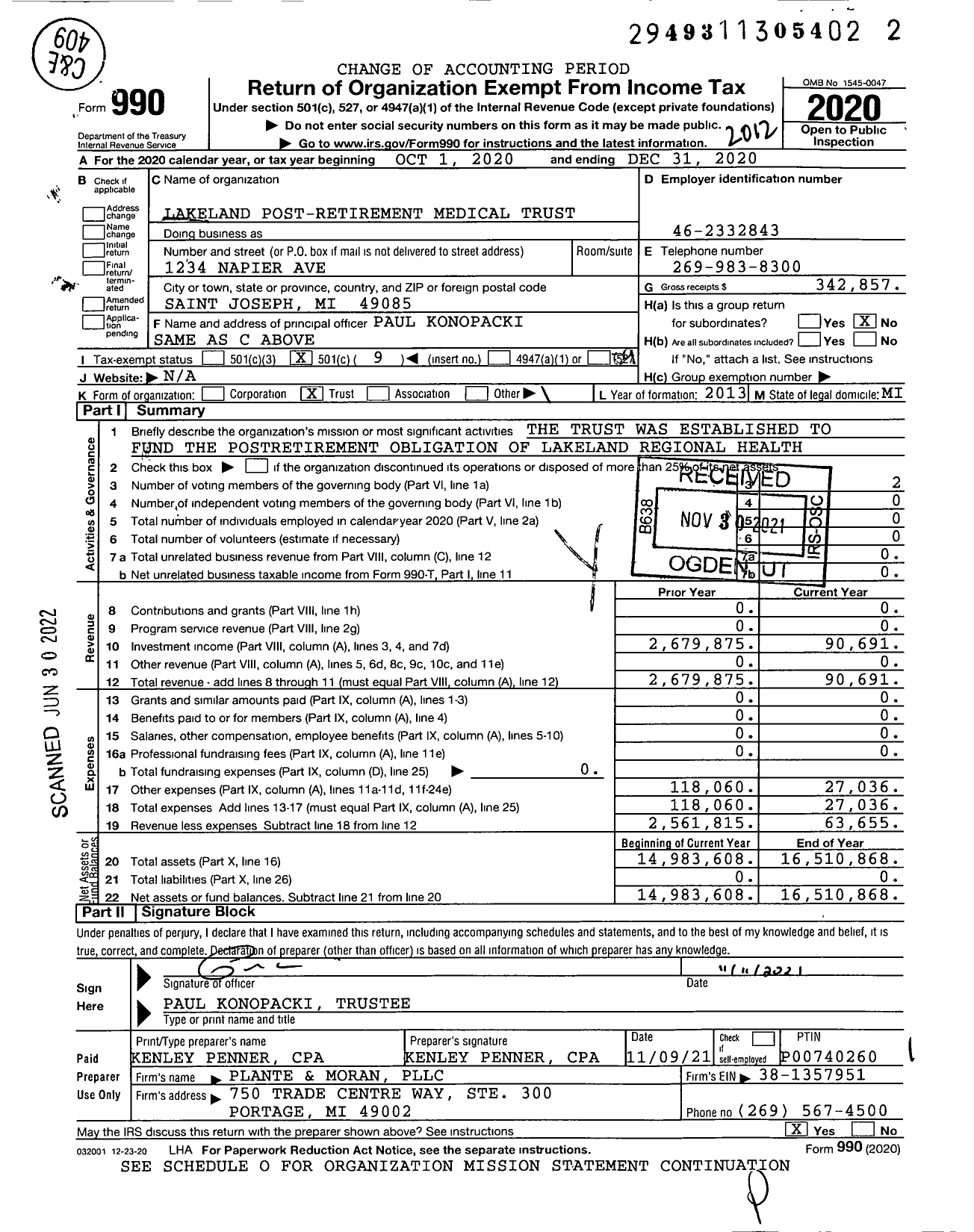 Image of first page of 2020 Form 990O for Lakeland Post-Retirement Medical Trust