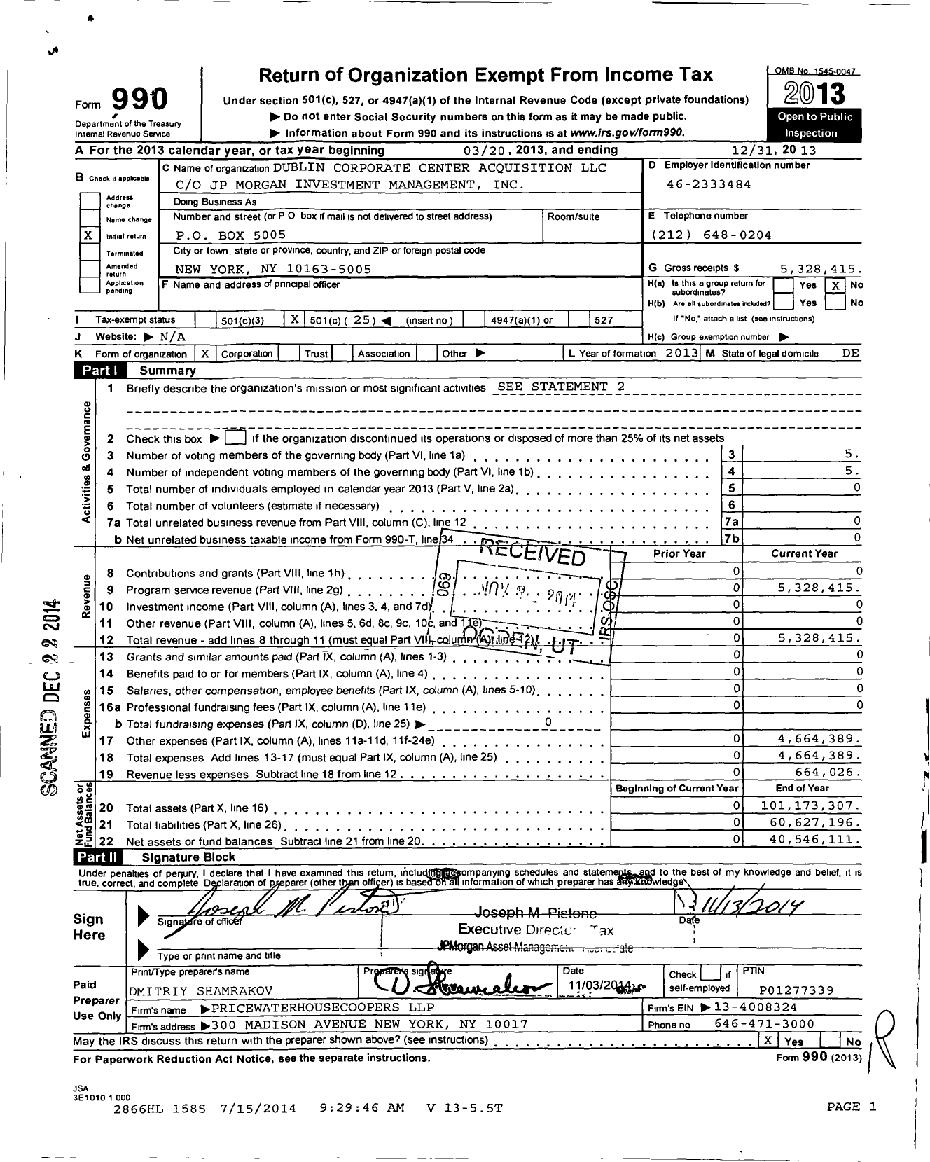 Image of first page of 2013 Form 990O for Dublin Corporate Center Acquisition LLC