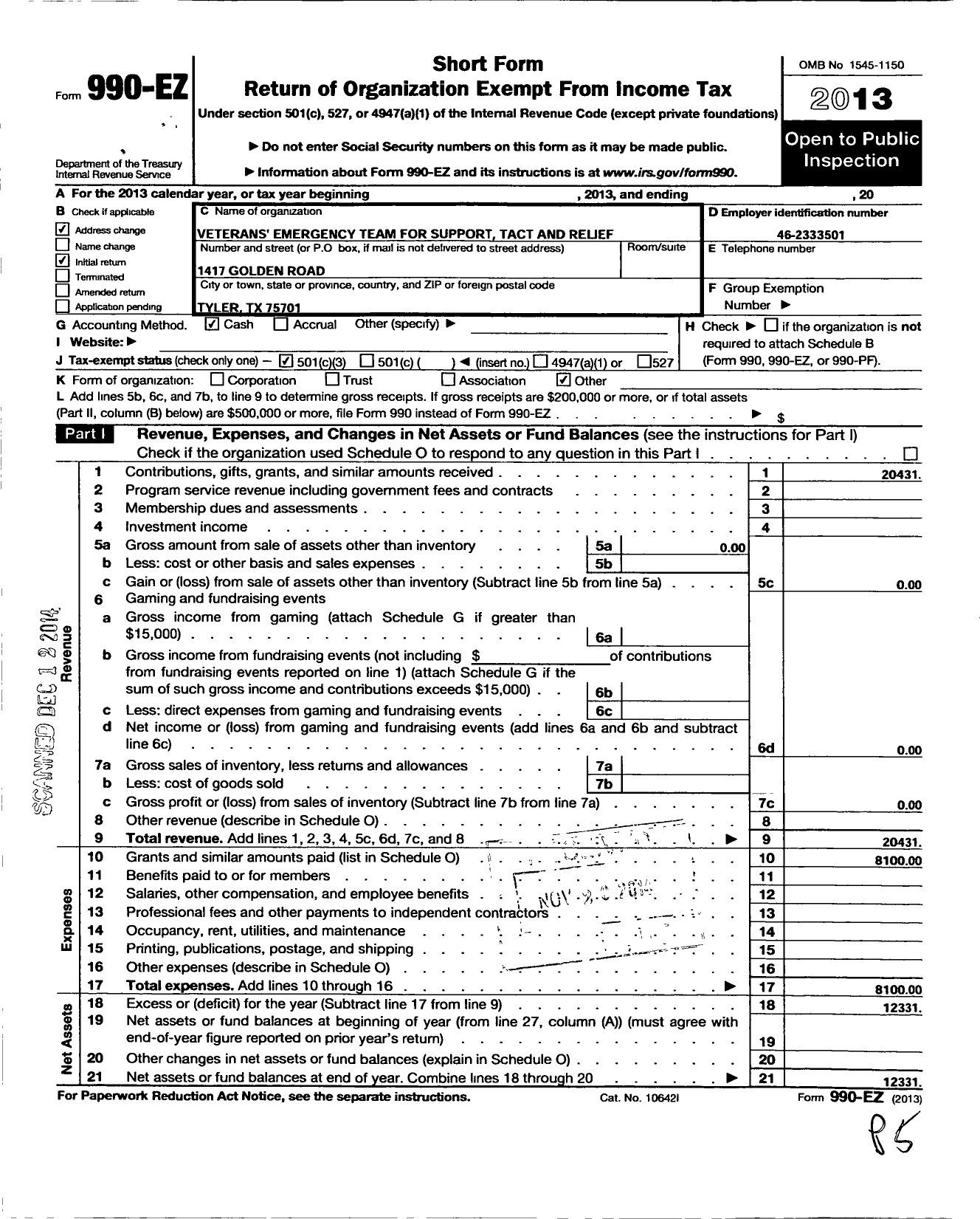 Image of first page of 2013 Form 990EZ for Veterans Emergency Team for Support Tact and Relief