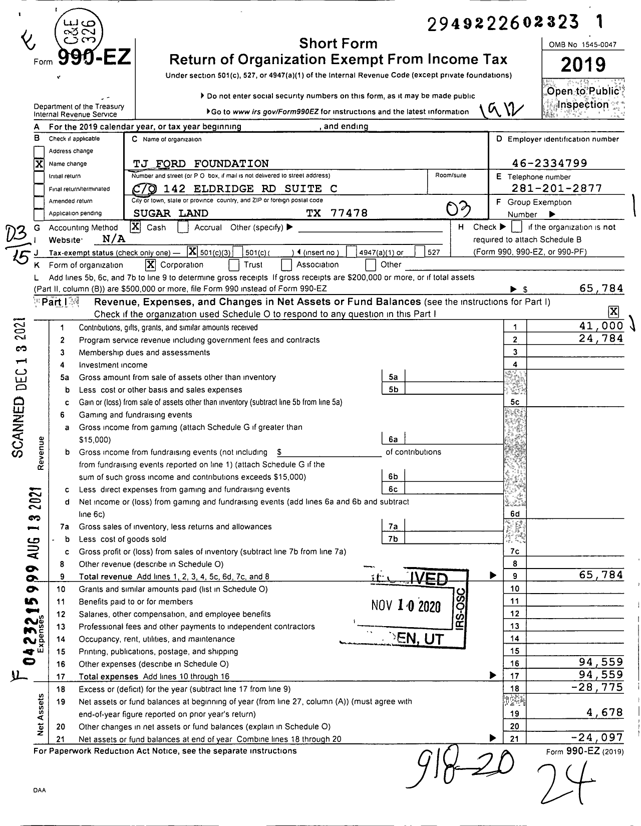 Image of first page of 2019 Form 990EZ for TJ Ford Foundation