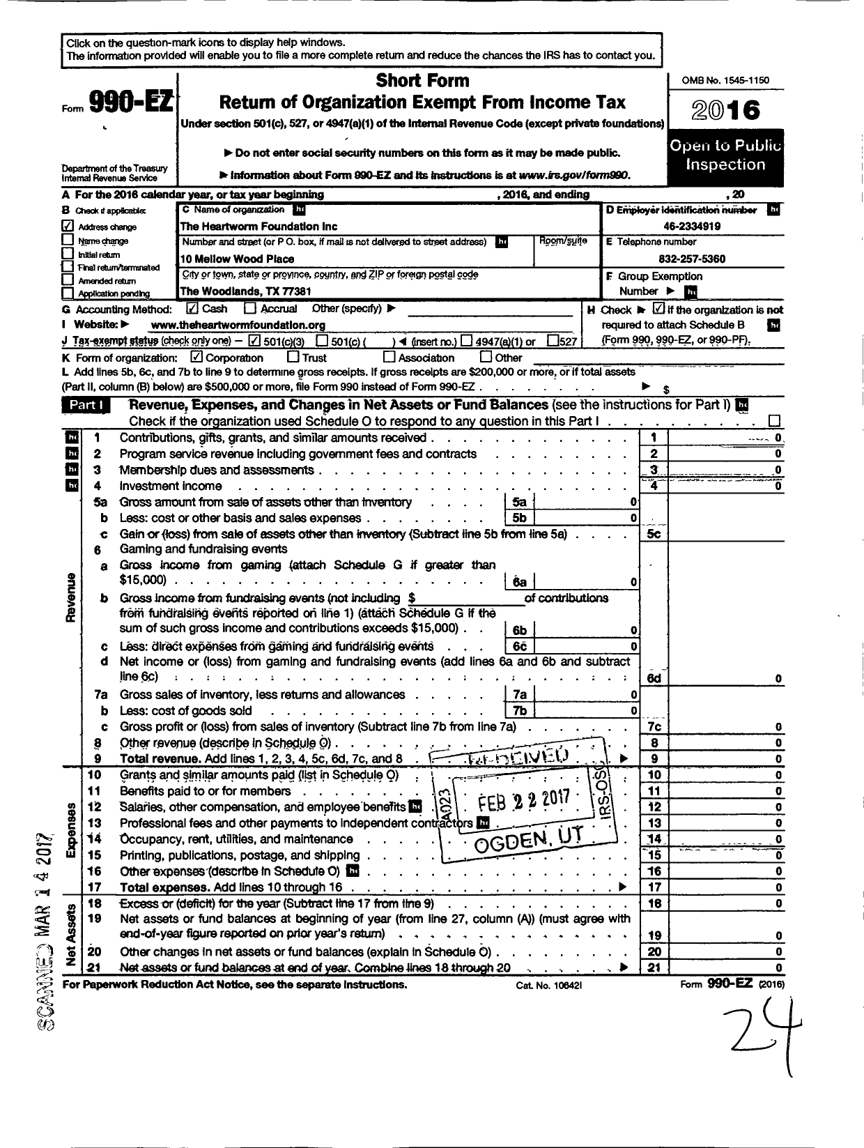 Image of first page of 2016 Form 990EZ for Heartworm Foundation