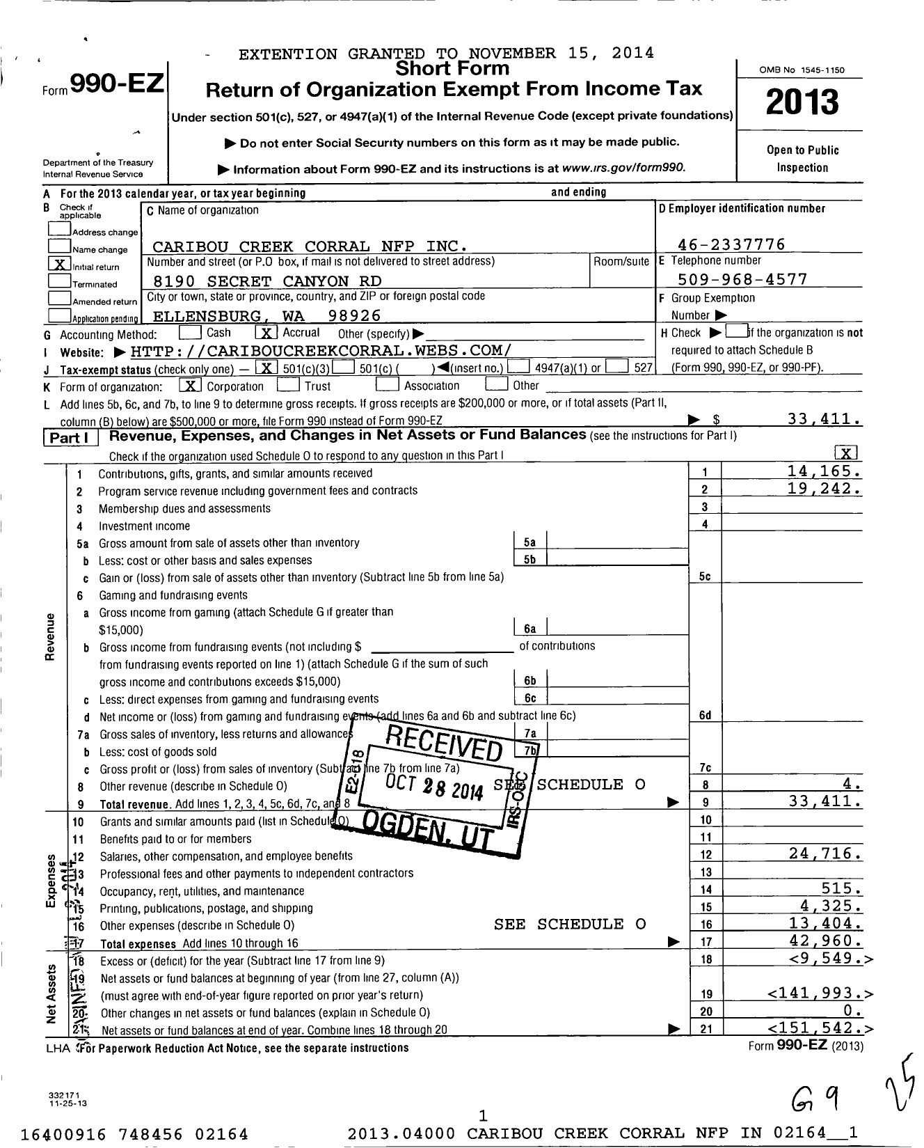 Image of first page of 2013 Form 990EZ for Caribou Creek Corral NFP