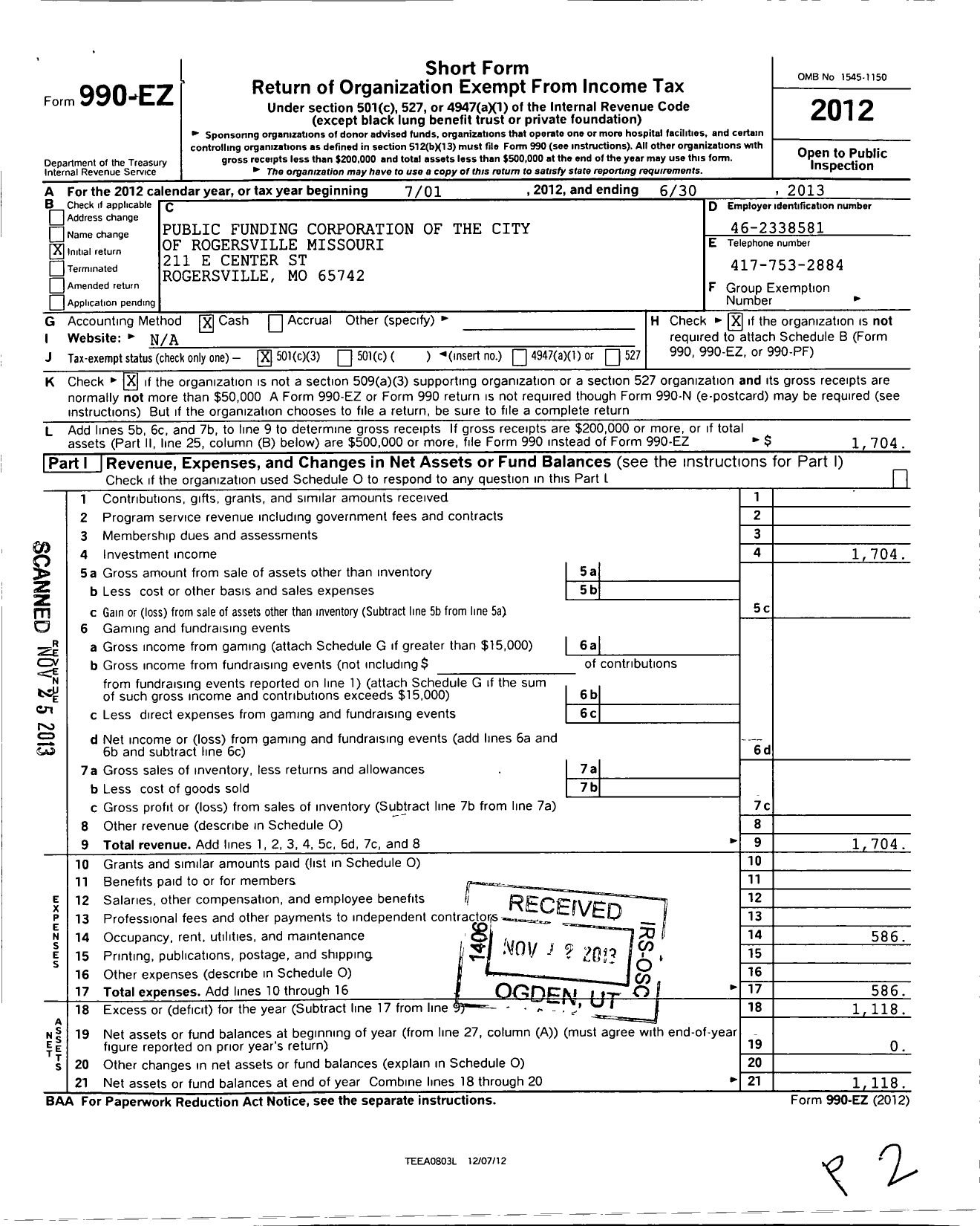 Image of first page of 2012 Form 990EZ for Public Funding Corporation of the City of Rogersville Missouri