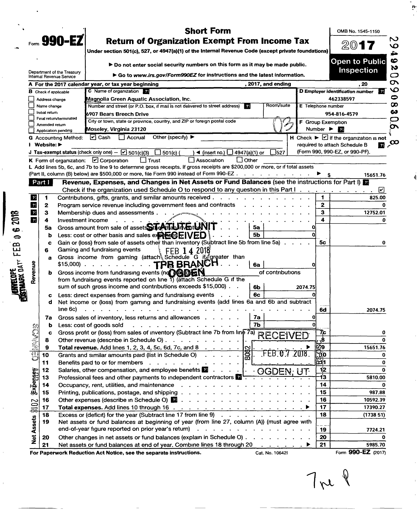 Image of first page of 2017 Form 990EZ for Magnolia Green Aquatic Association