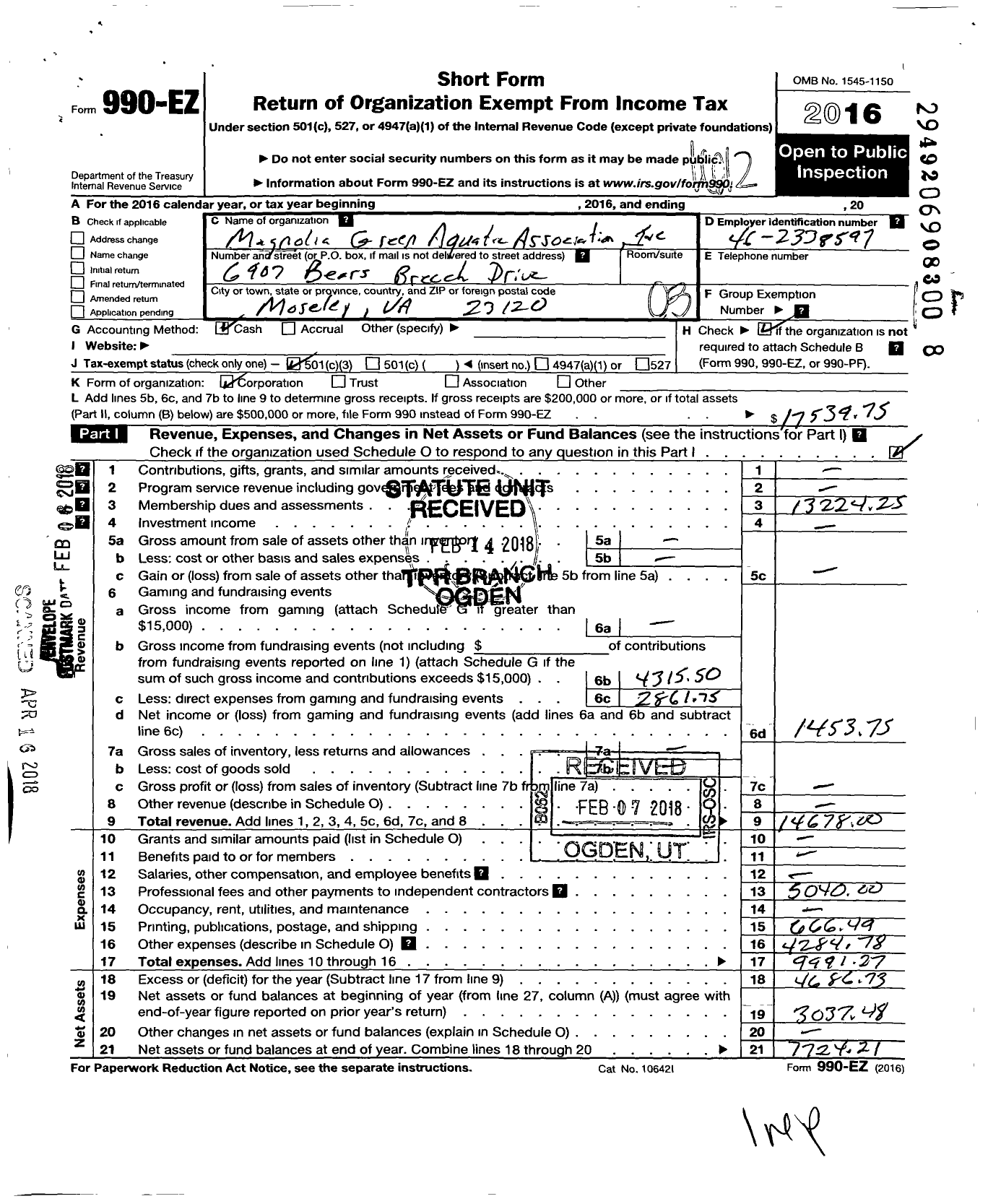 Image of first page of 2016 Form 990EZ for Magnolia Green Aquatic Association