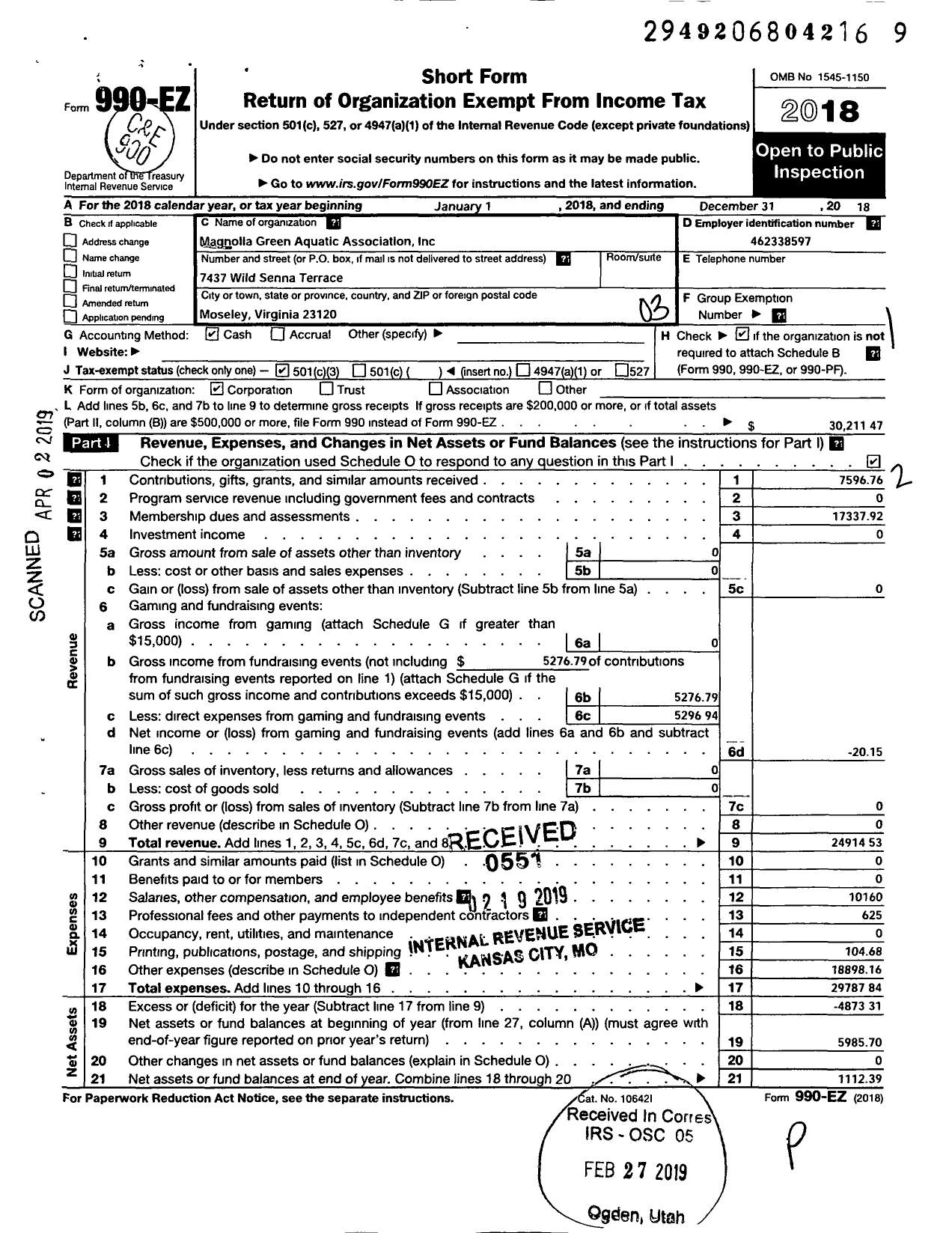 Image of first page of 2018 Form 990EZ for Magnolia Green Aquatic Association