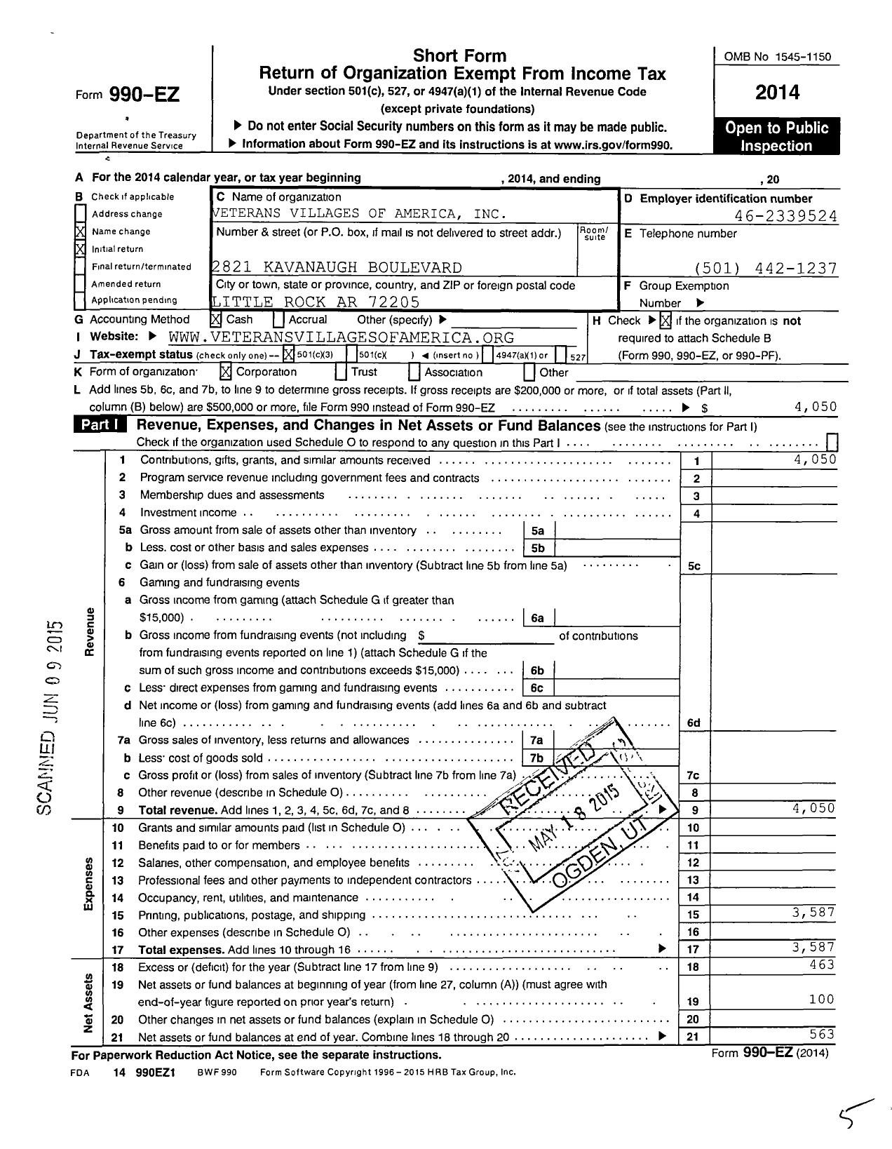 Image of first page of 2014 Form 990EZ for Veterans Villages of America