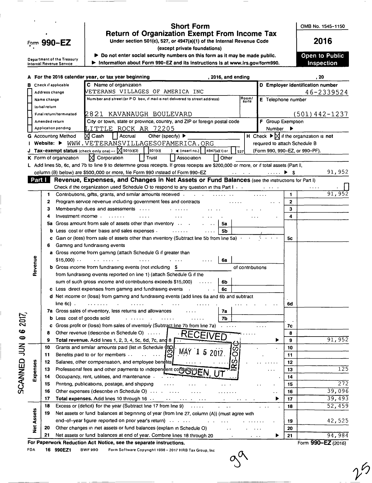 Image of first page of 2016 Form 990EZ for Veterans Villages of America