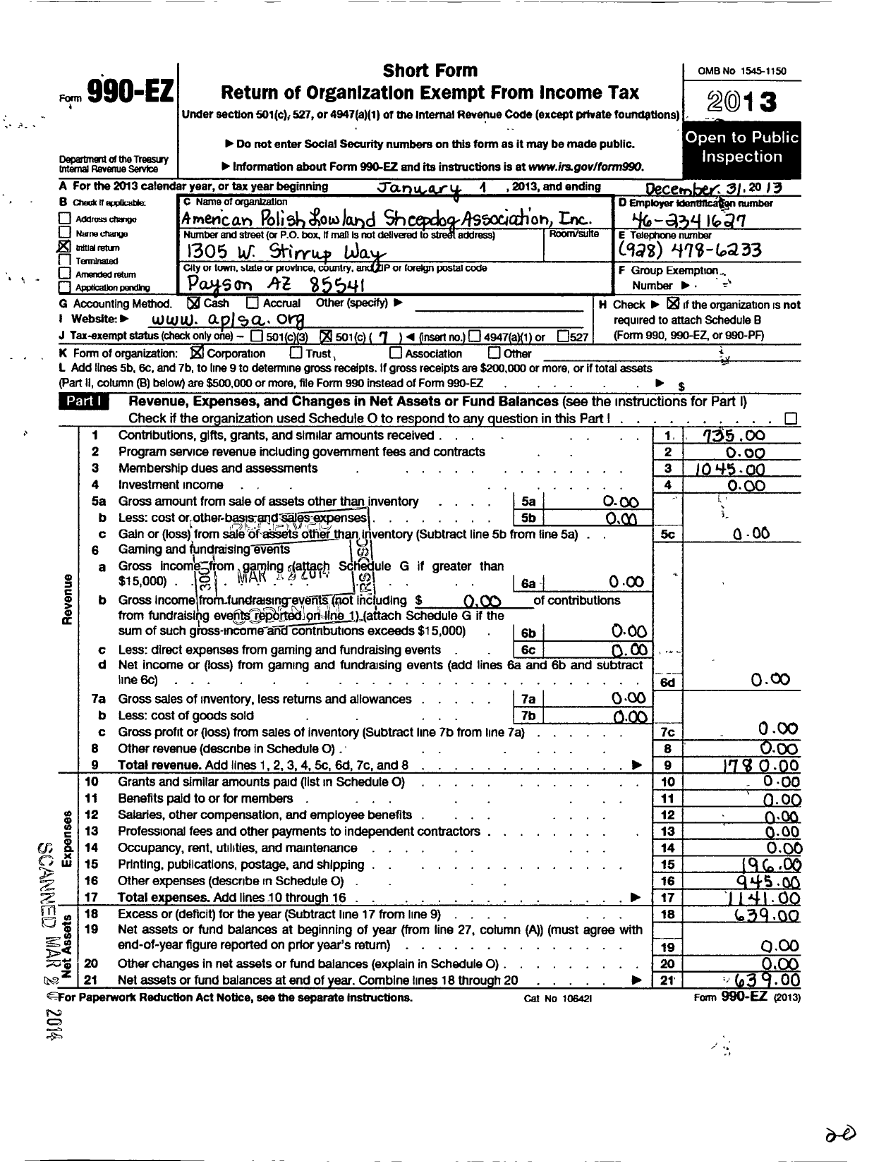 Image of first page of 2013 Form 990EO for American Polish Lowland Sheepdog Association (APLSA)