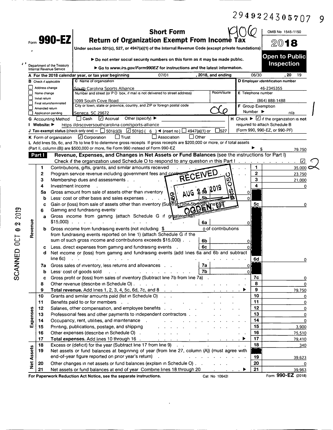 Image of first page of 2018 Form 990EO for South Carolina Sports Alliance