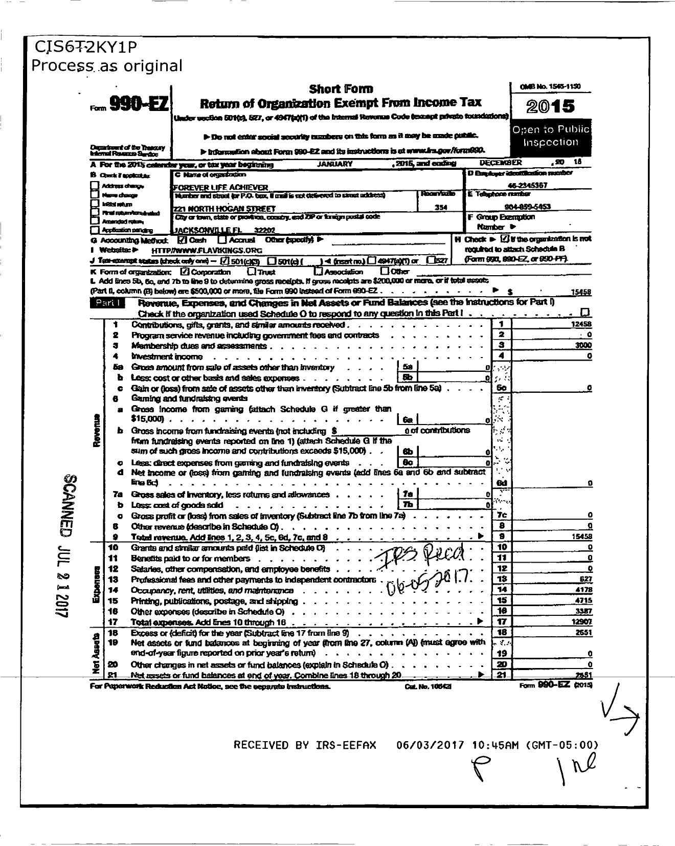 Image of first page of 2015 Form 990EZ for Forever Life Achiever