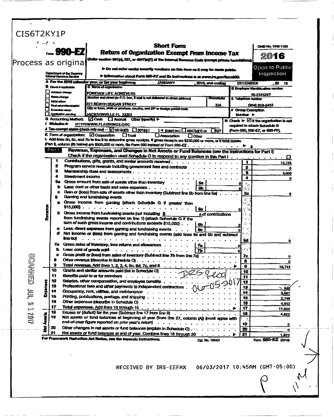 Image of first page of 2016 Form 990EZ for Forever Life Achiever