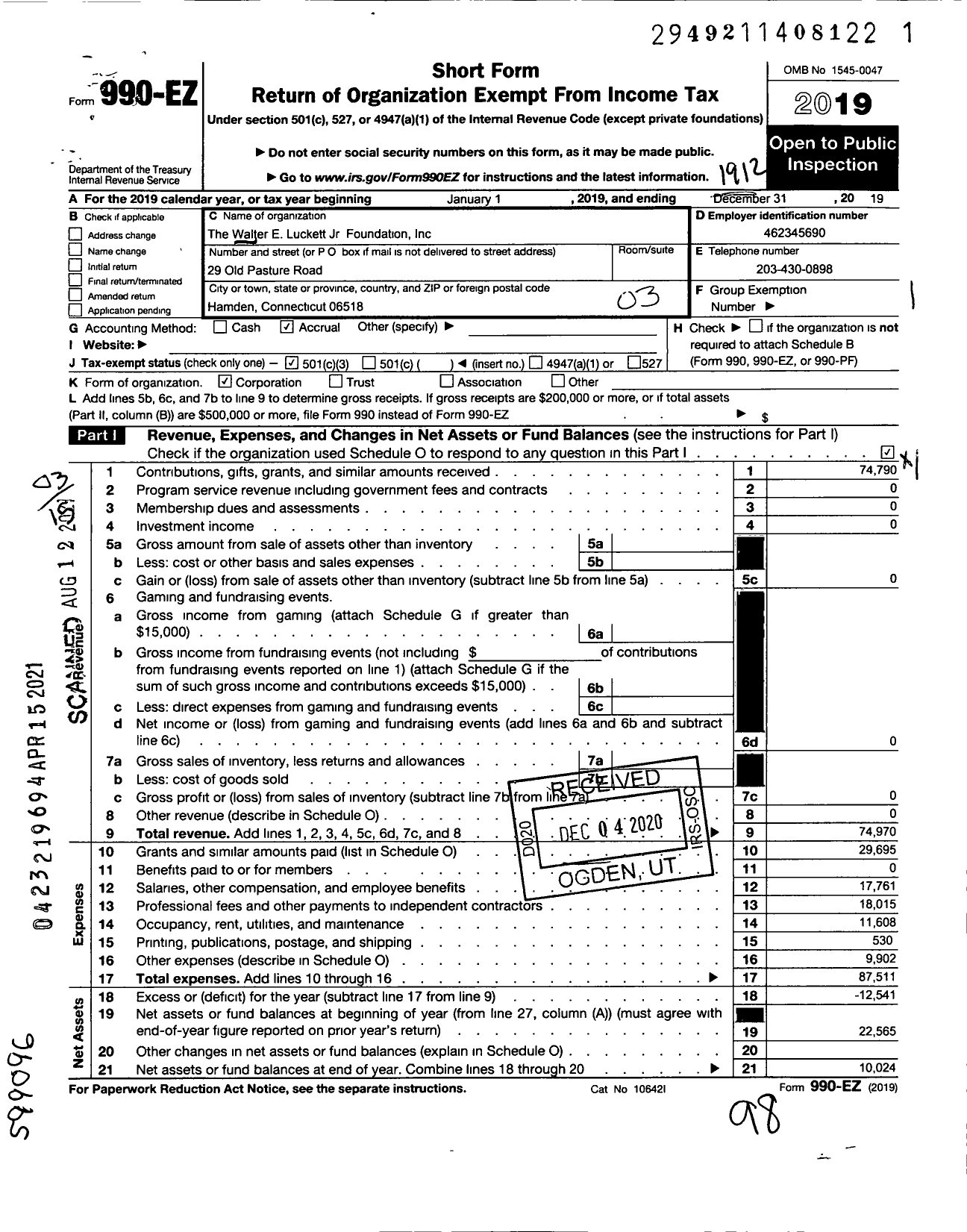 Image of first page of 2019 Form 990EZ for Walter E Luckett JR Foundation