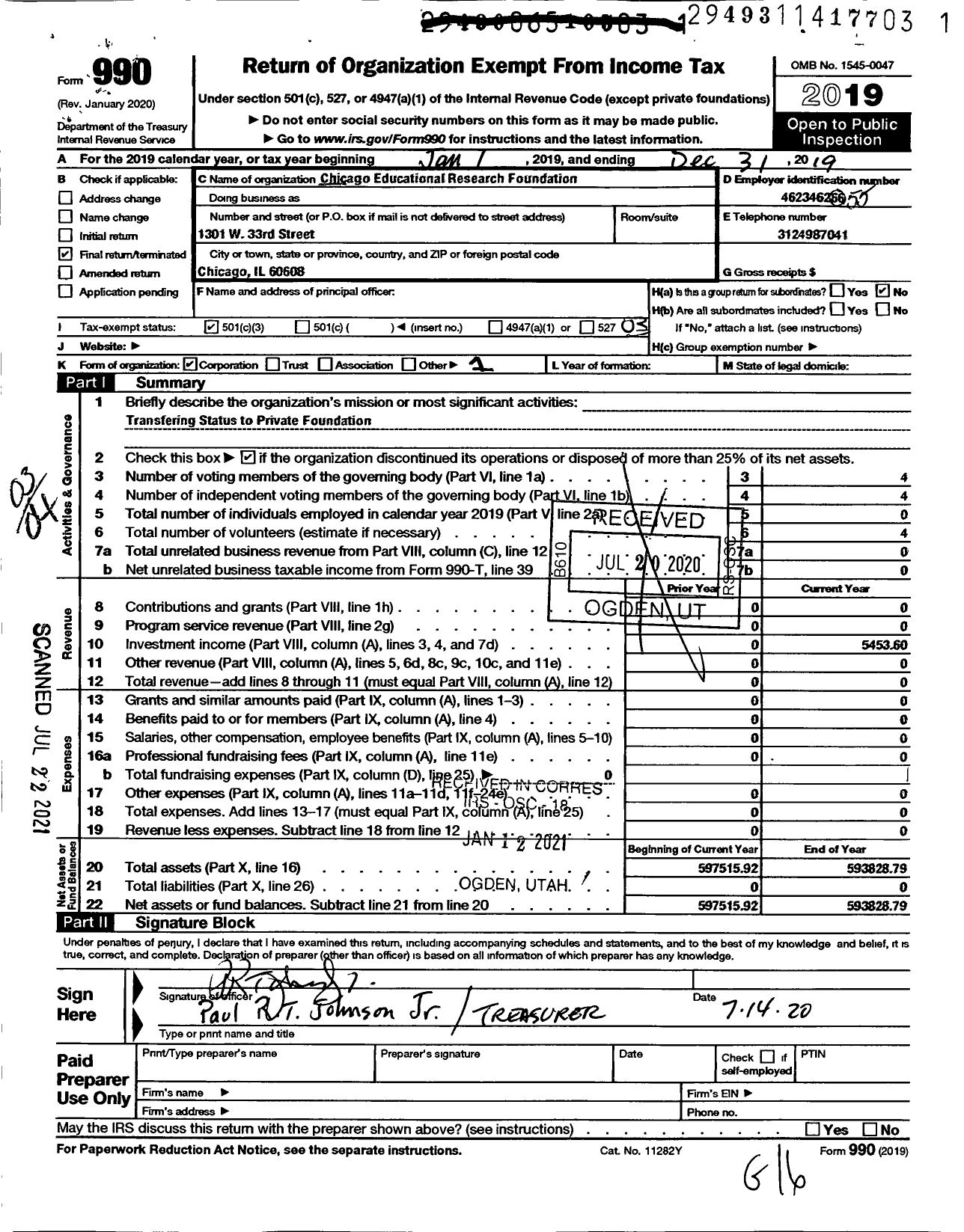 Image of first page of 2019 Form 990 for Chicago Educational Research Foundation