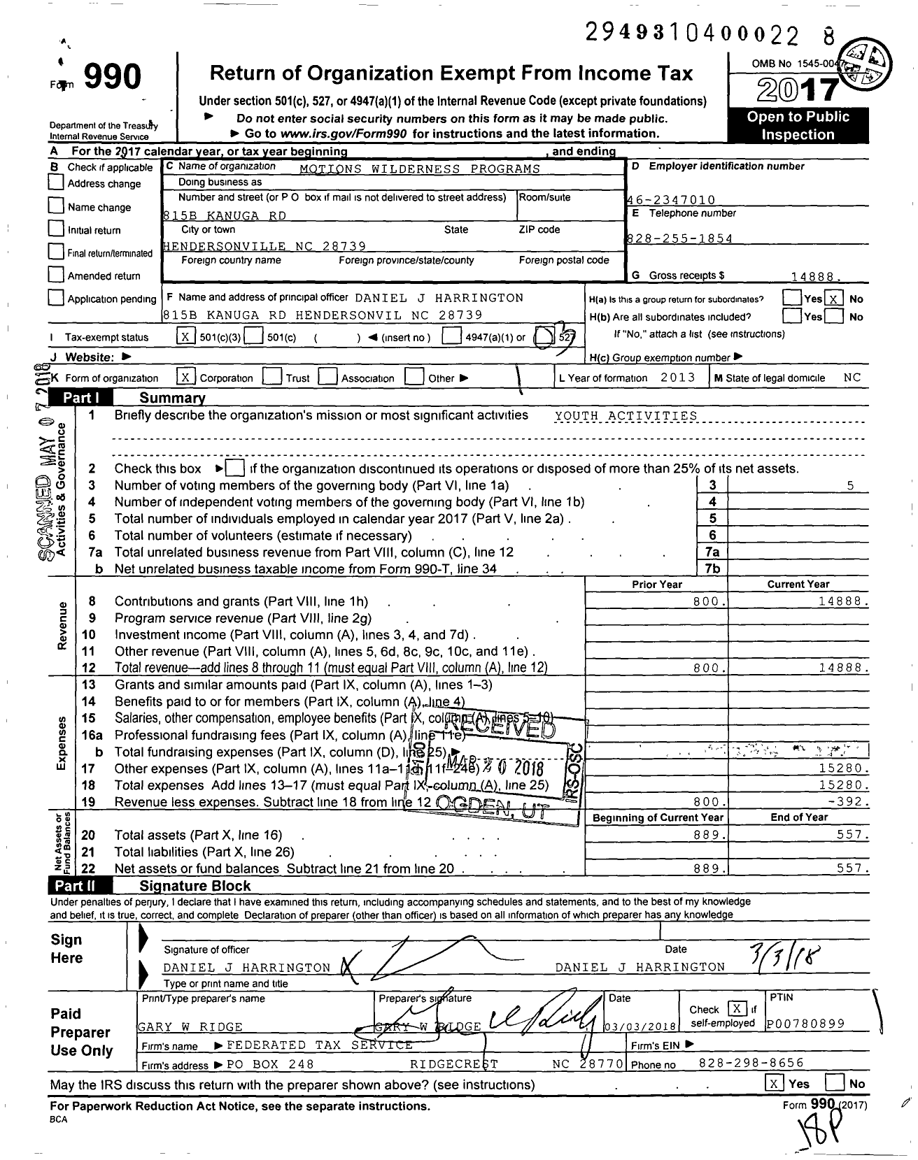 Image of first page of 2017 Form 990 for Motions Wilderness Programs