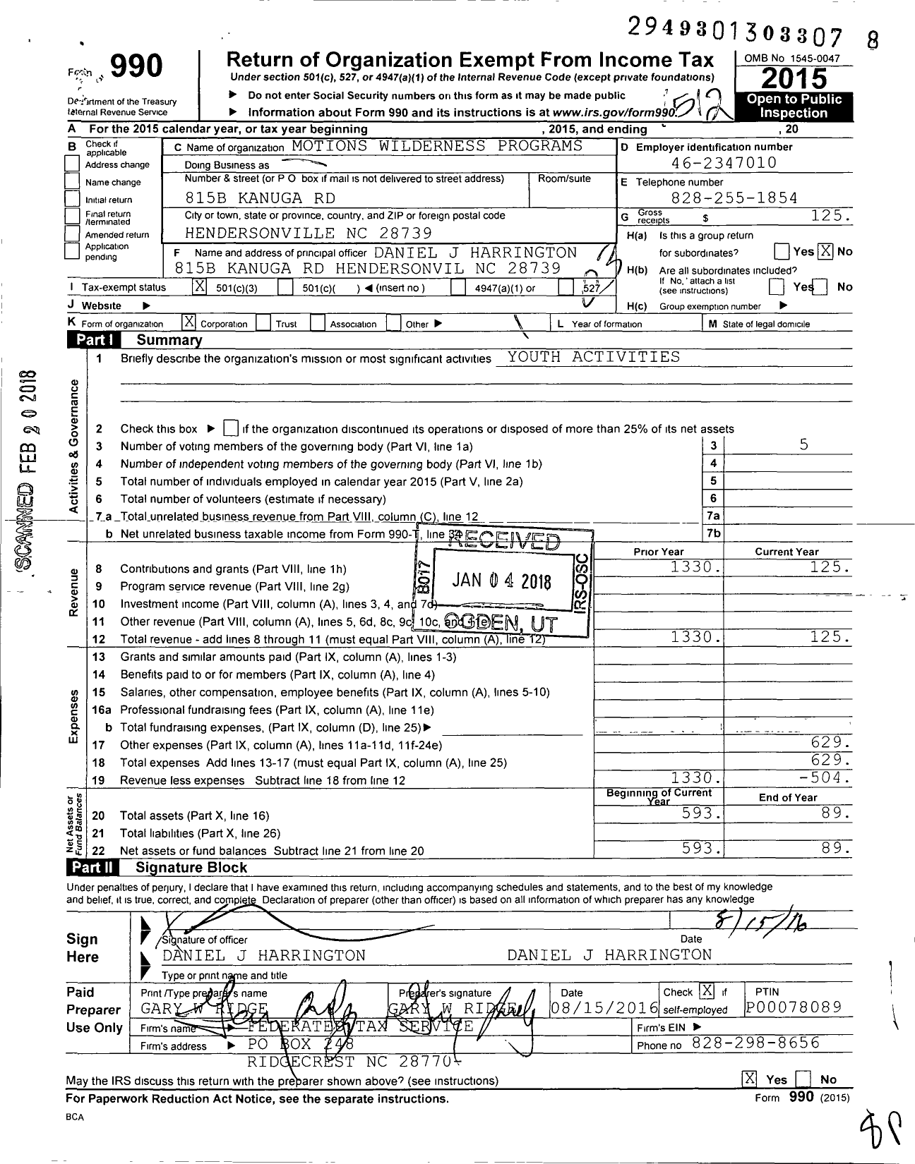 Image of first page of 2015 Form 990 for Motions Wilderness Programs