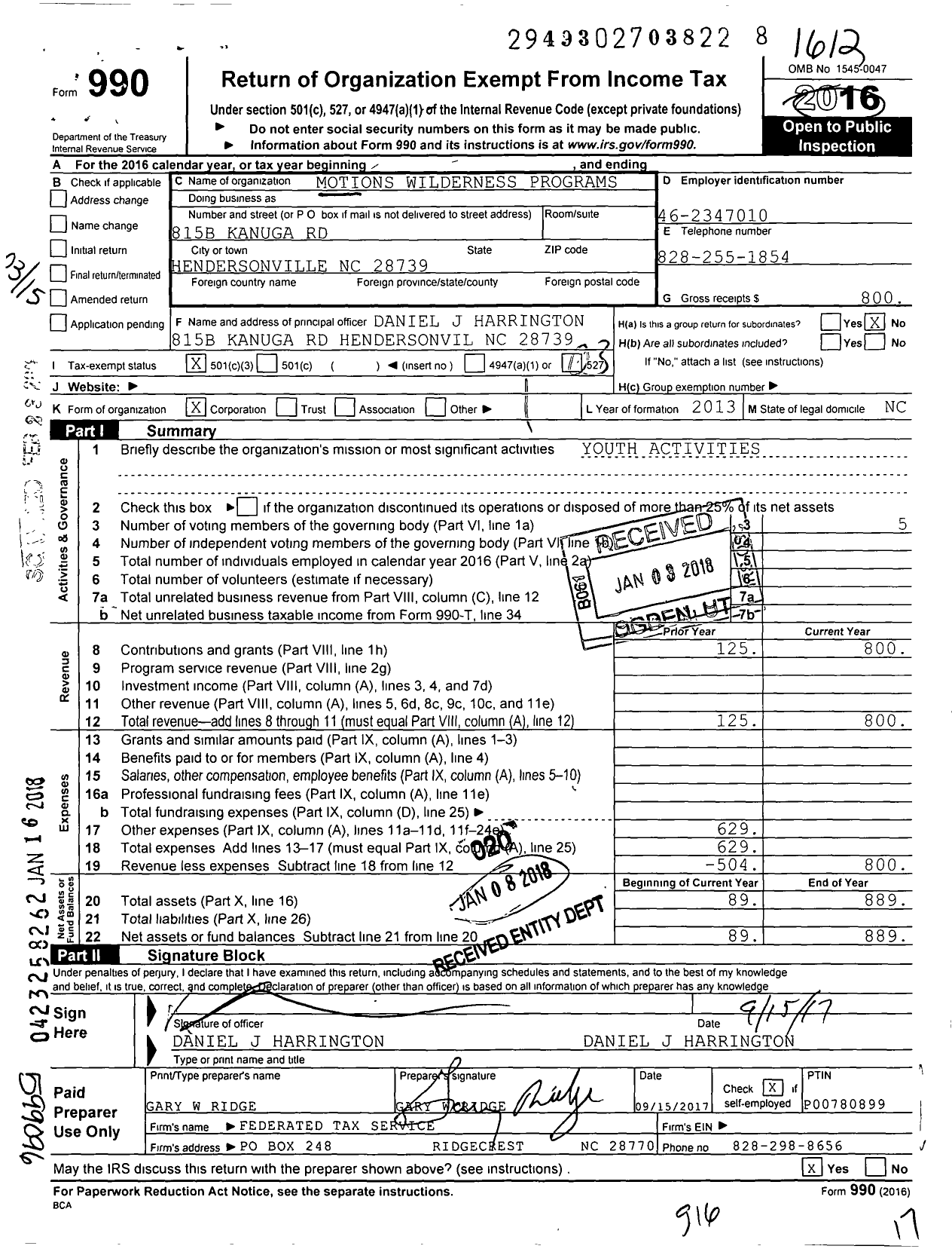 Image of first page of 2016 Form 990 for Motions Wilderness Programs