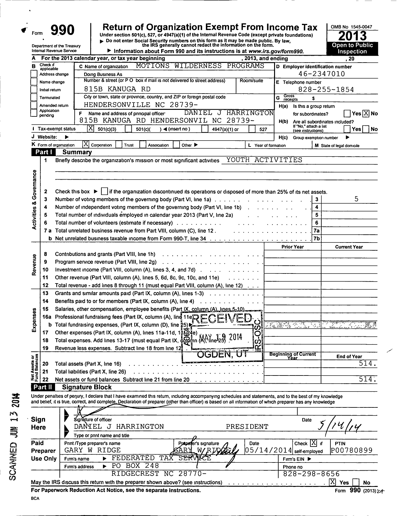 Image of first page of 2013 Form 990 for Motions Wilderness Programs