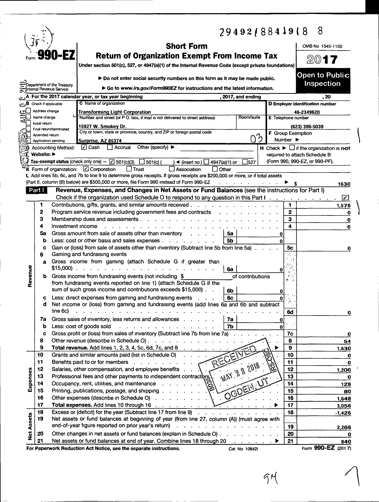 Image of first page of 2017 Form 990EZ for Transforming Light Corporation