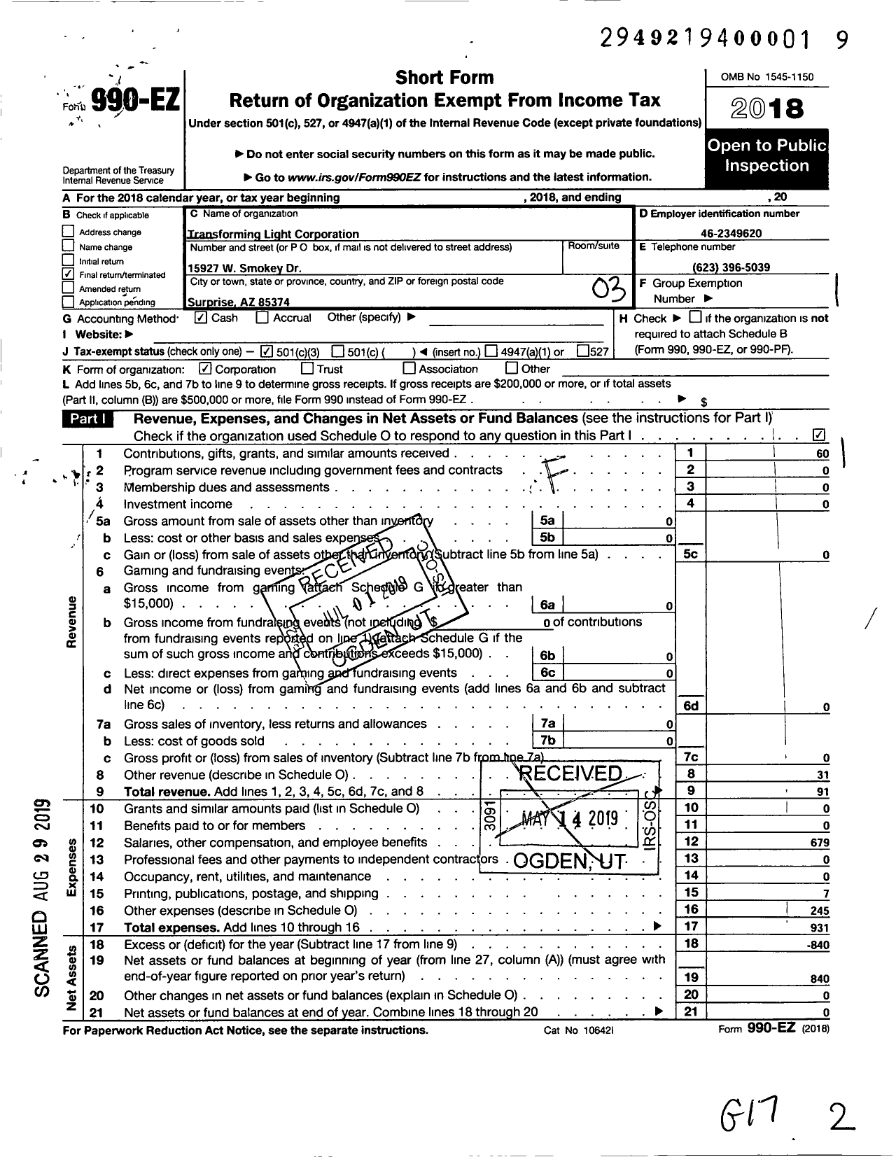 Image of first page of 2018 Form 990EZ for Transforming Light Corporation