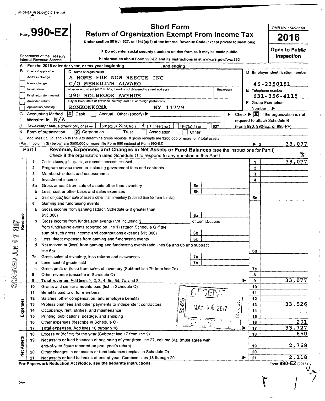 Image of first page of 2016 Form 990EO for A Home Fur Now Rescue