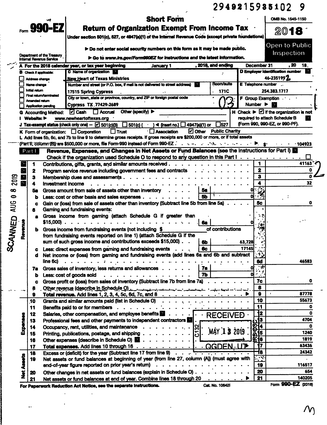 Image of first page of 2018 Form 990EZ for New Heart of Texas Ministries