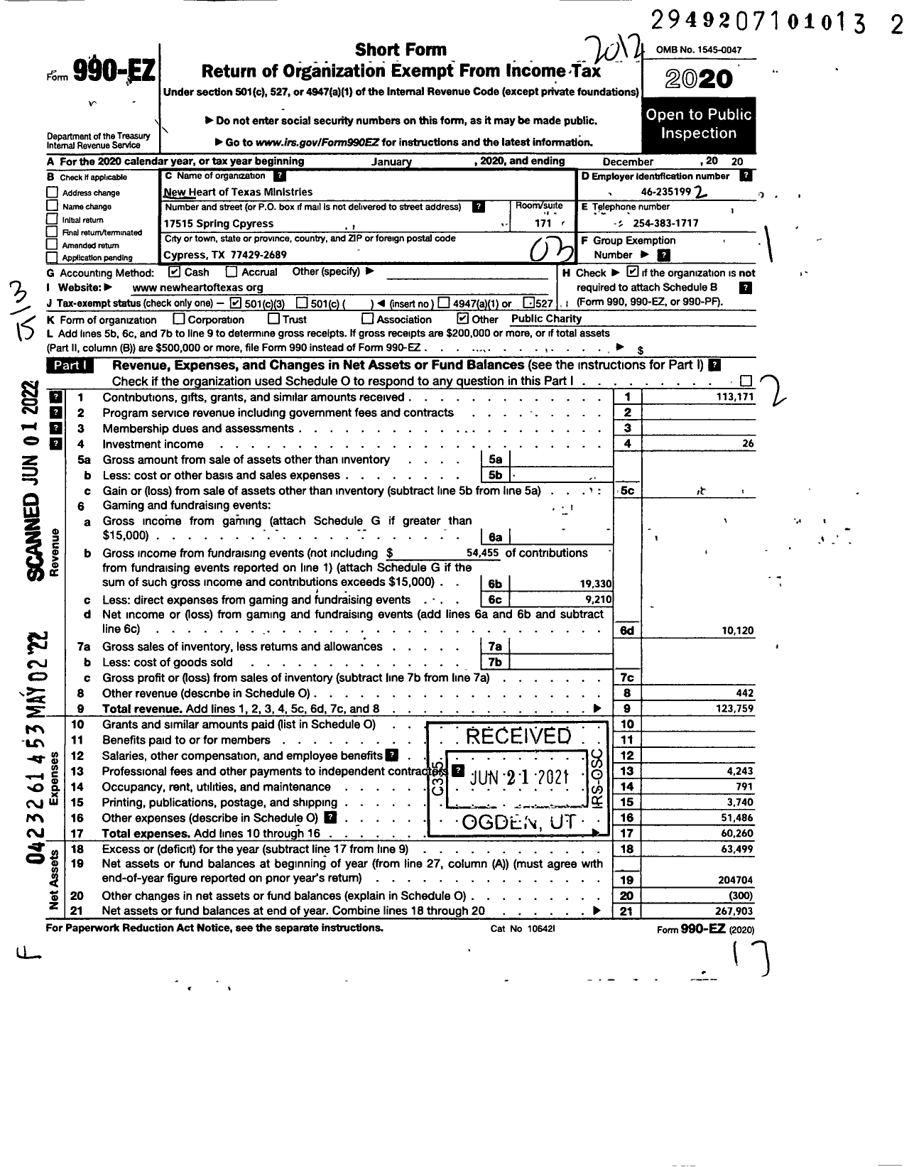 Image of first page of 2020 Form 990EZ for New Heart of Texas Ministries