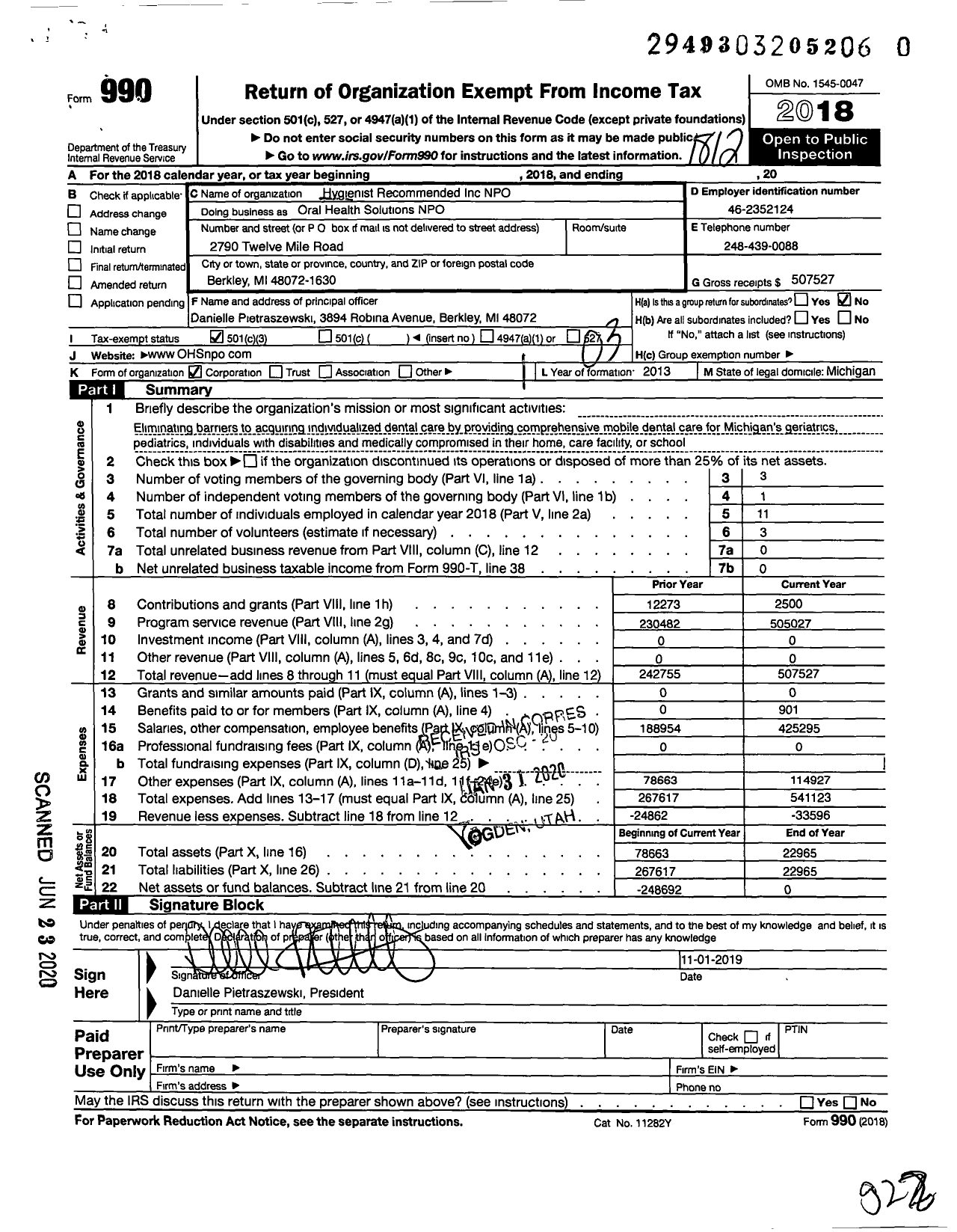 Image of first page of 2018 Form 990 for Oral Health Solutions NPO