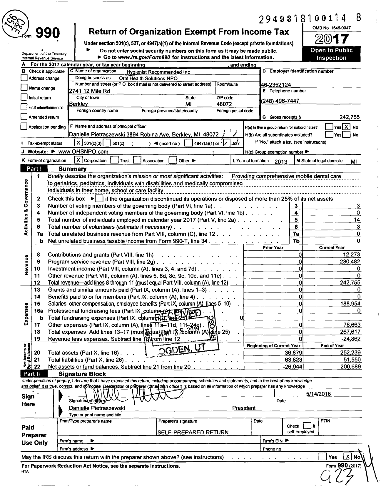 Image of first page of 2017 Form 990 for Oral Health Solutions NPO