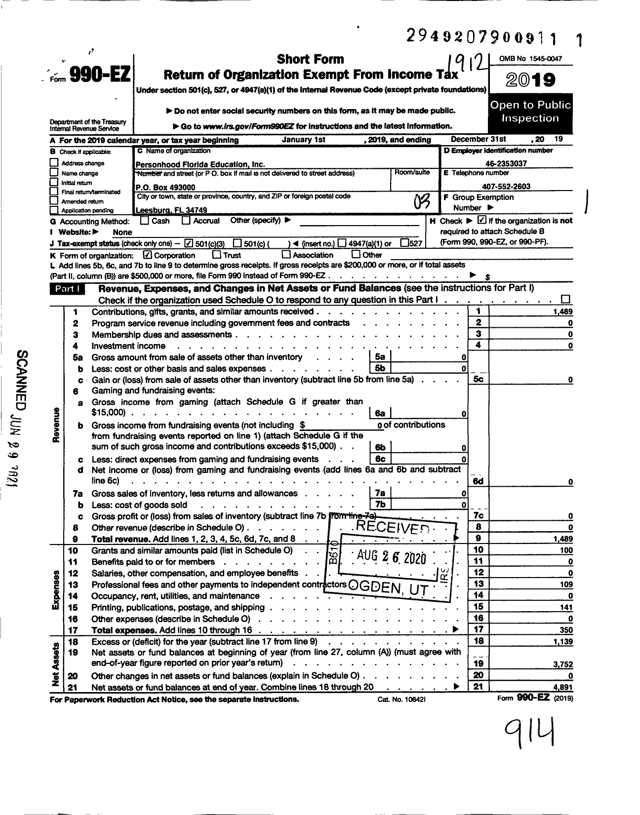 Image of first page of 2019 Form 990EZ for Personhood Florida Education