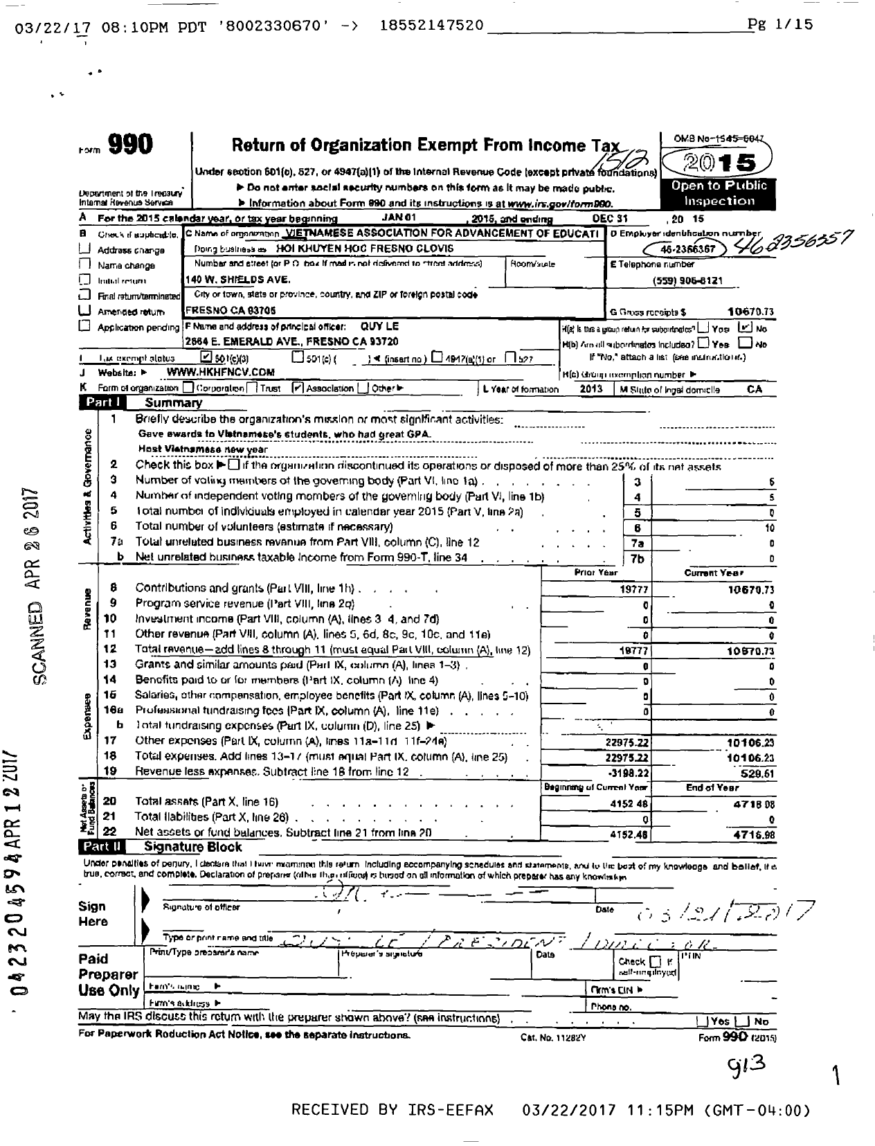 Image of first page of 2015 Form 990 for Vietnamese Association for Advancement of Educational Excelle