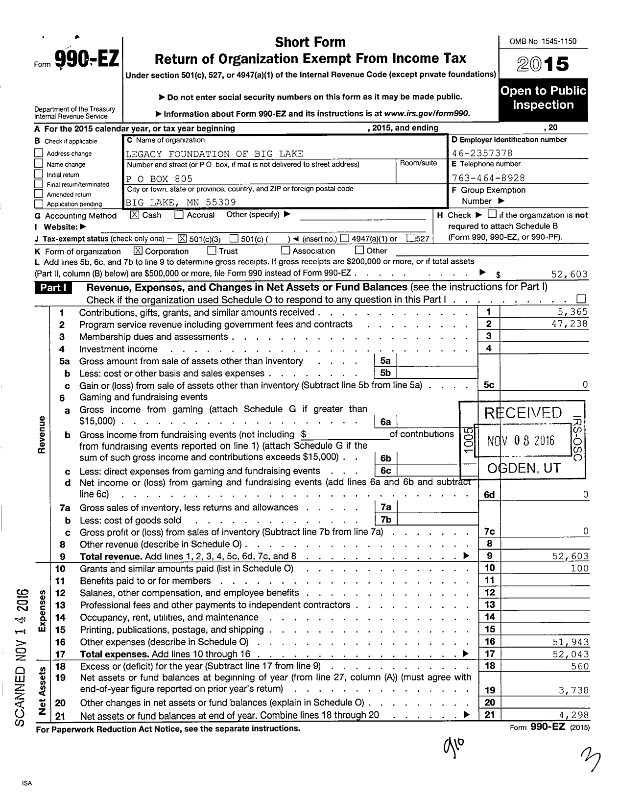 Image of first page of 2015 Form 990EZ for Legacy Foundation of Big Lake