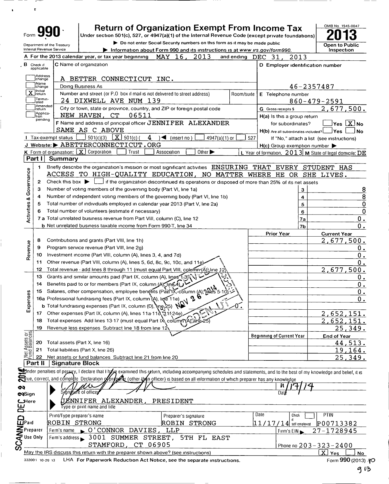 Image of first page of 2013 Form 990O for A Better Connecticut