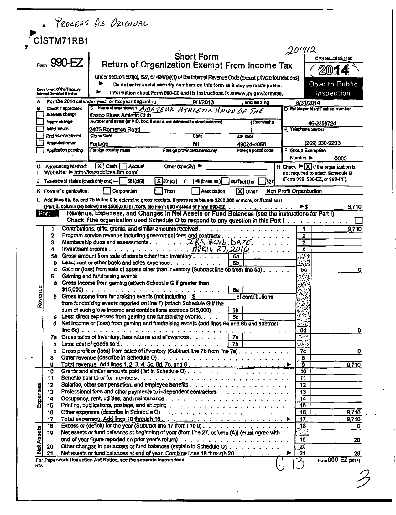 Image of first page of 2013 Form 990EO for Kazoo Blues