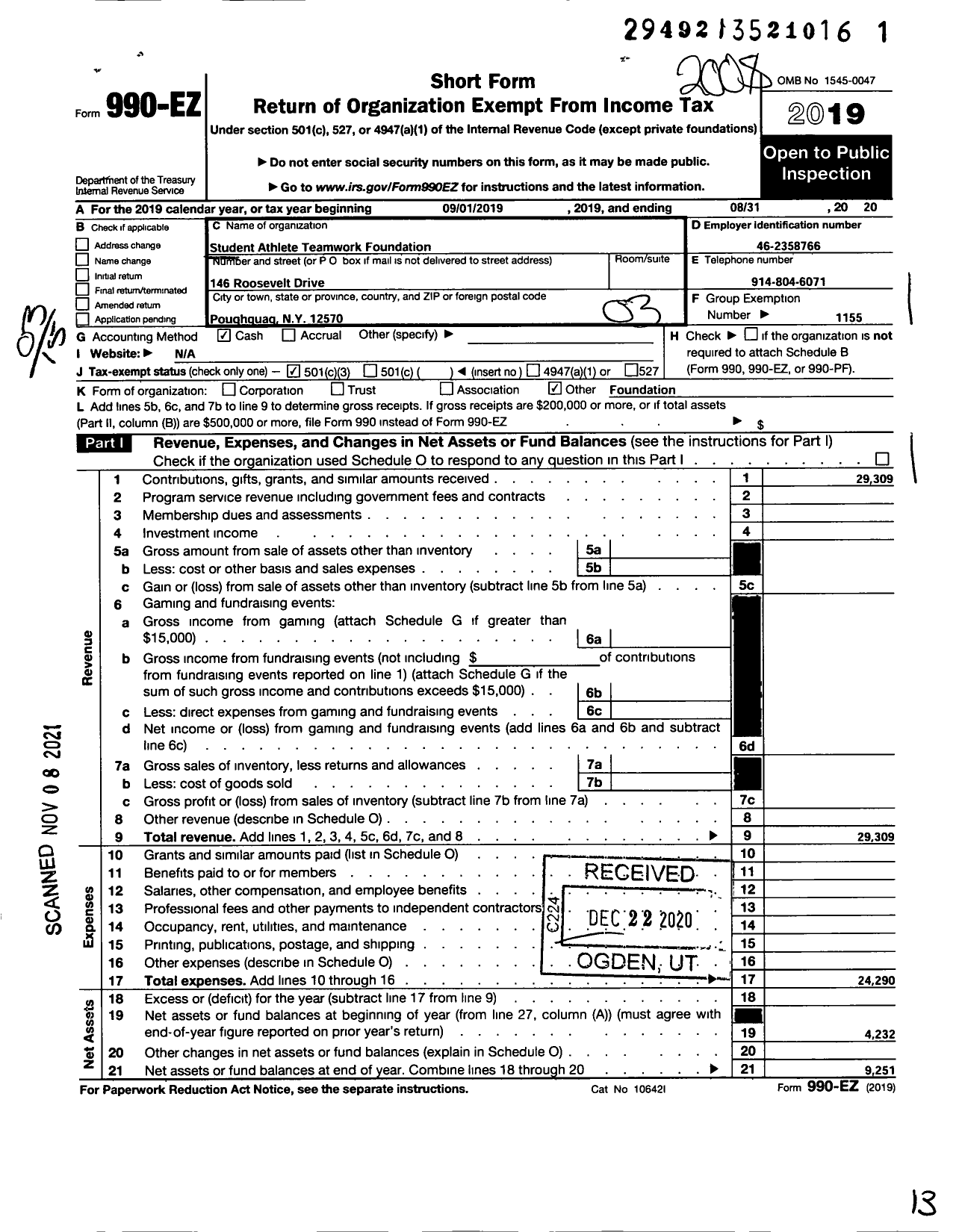 Image of first page of 2019 Form 990EZ for Amateur Athletic Union - Student Athlete Teamwork Foundation