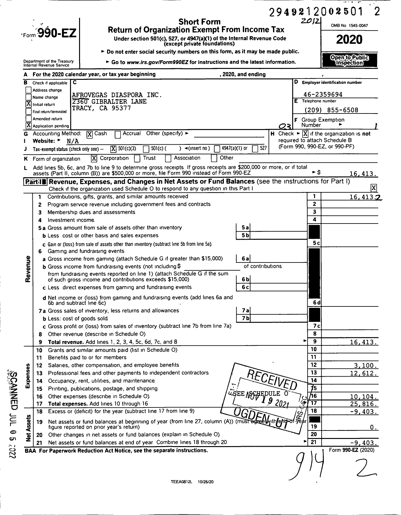 Image of first page of 2020 Form 990EZ for Afrovegas Diaspora