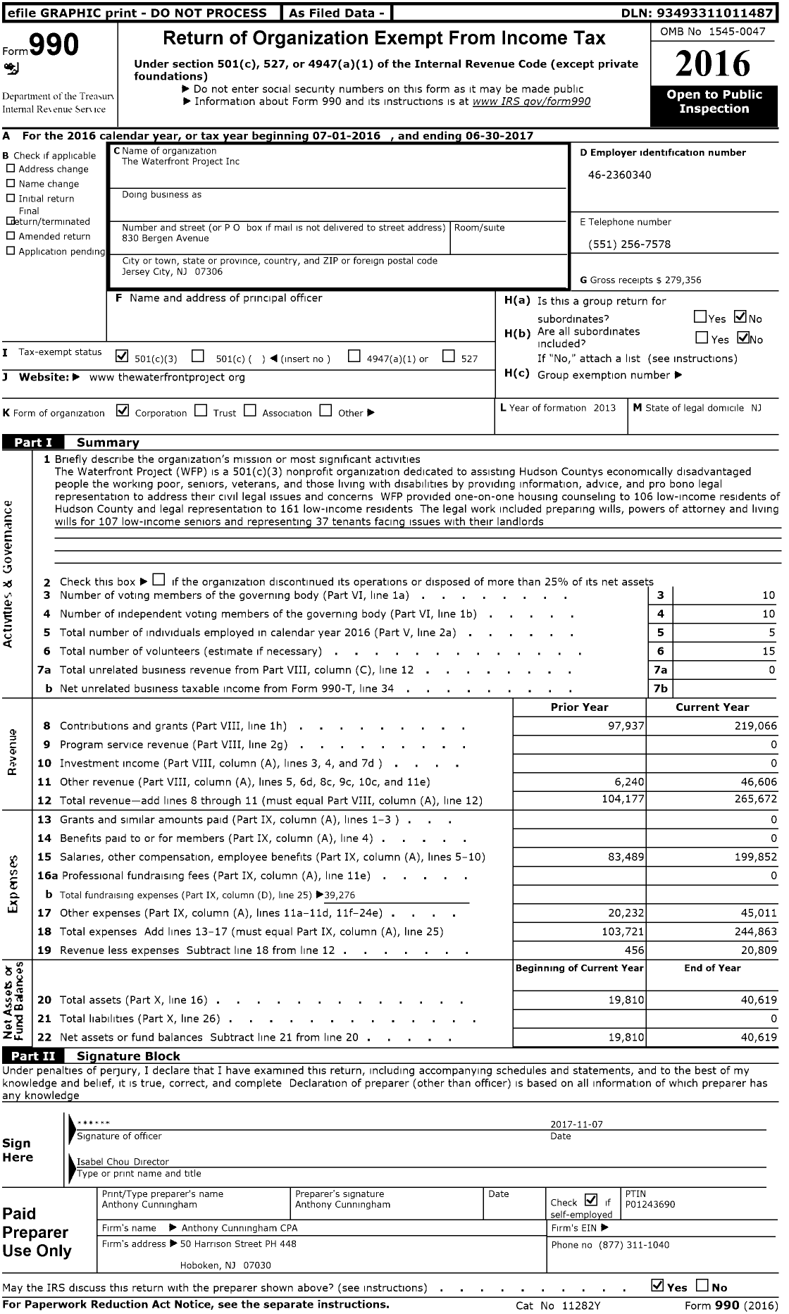 Image of first page of 2016 Form 990 for The Waterfront Project