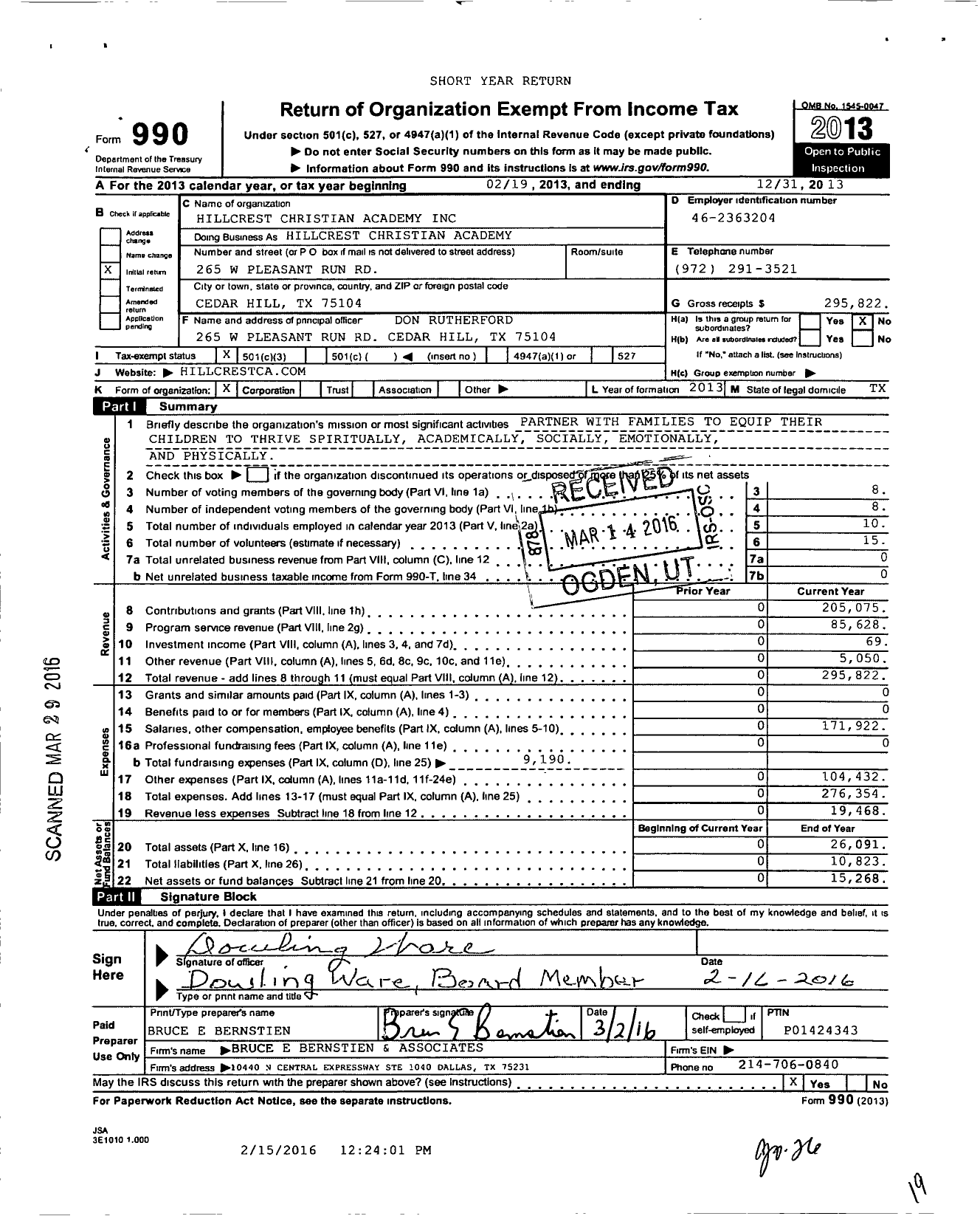 Image of first page of 2013 Form 990 for Hillcrest Christian Academy