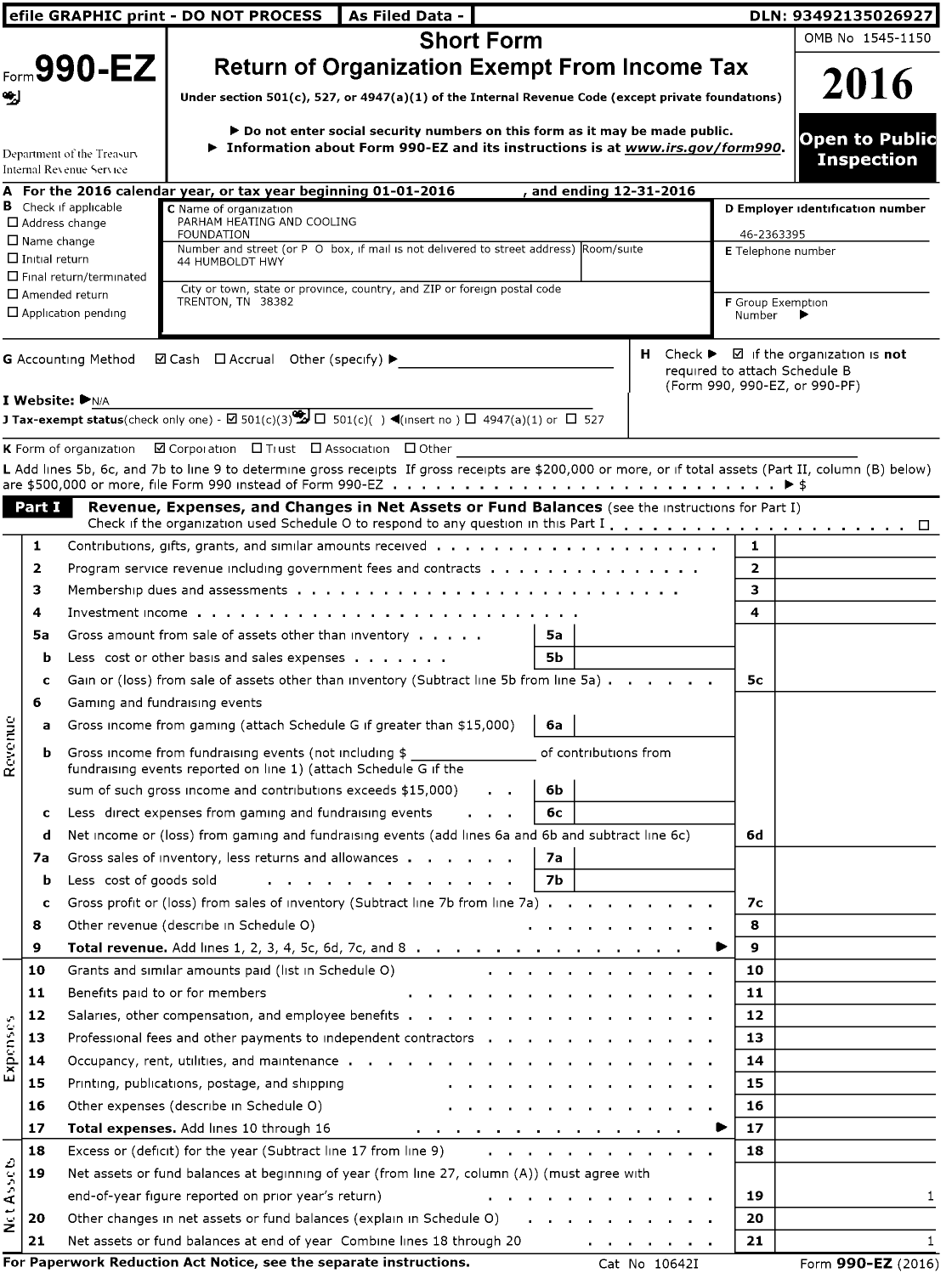 Image of first page of 2016 Form 990EZ for Parham Heating and Cooling Foundation