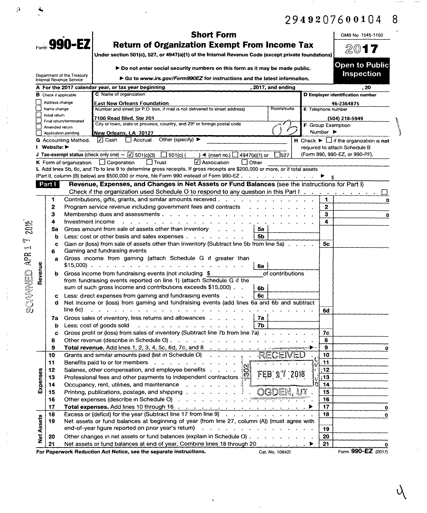 Image of first page of 2017 Form 990EZ for East New Orleans Foundation