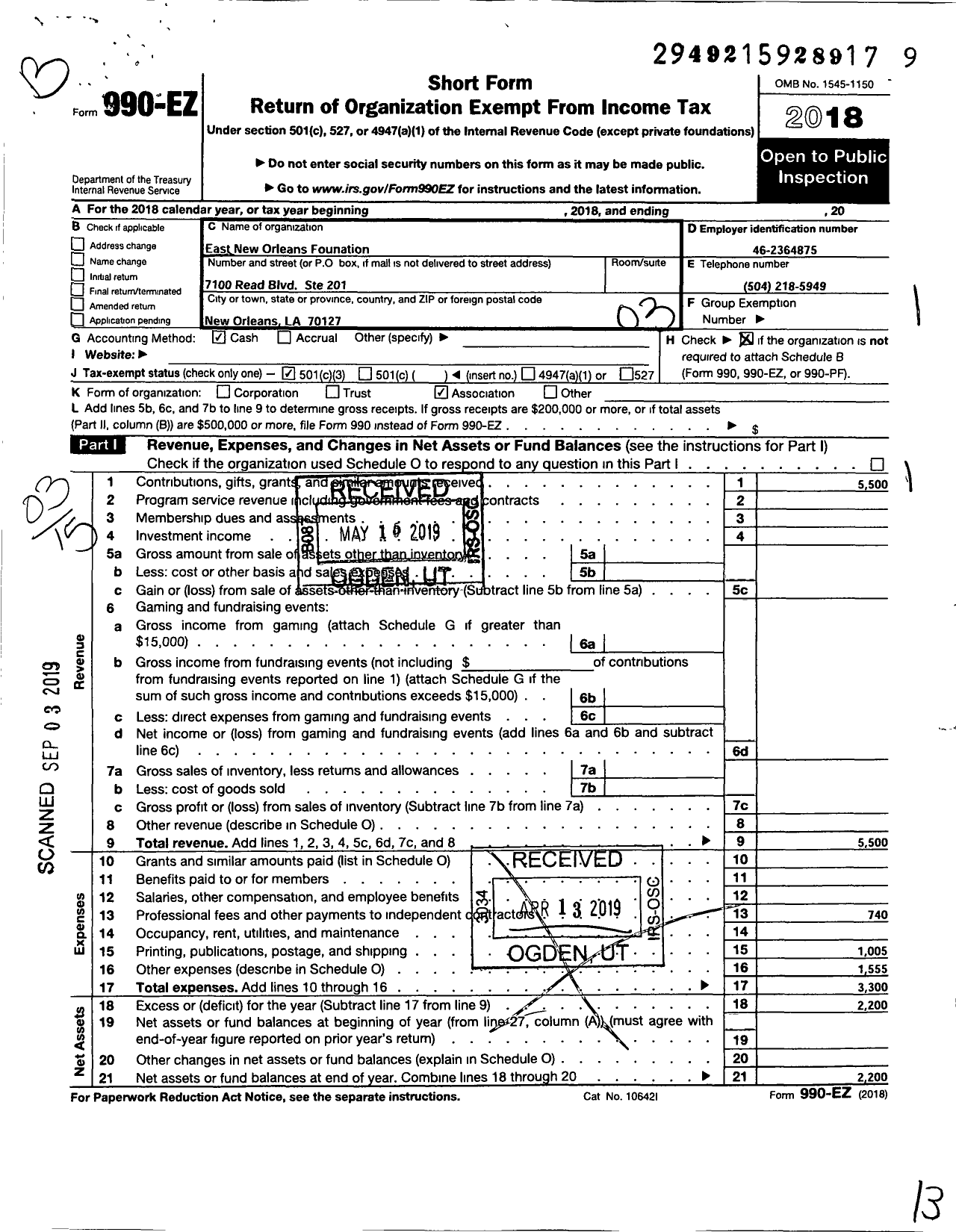 Image of first page of 2018 Form 990EZ for East New Orleans Foundation