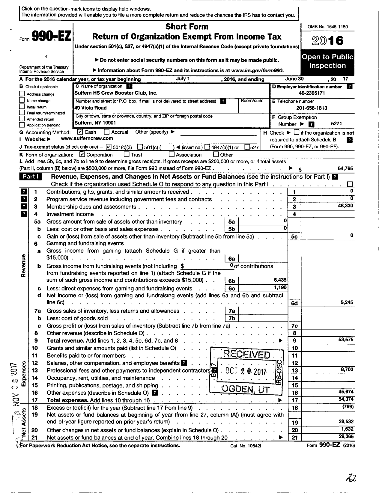 Image of first page of 2016 Form 990EZ for Parent Booster USA / Suffern HS Crew Booster Club Inc