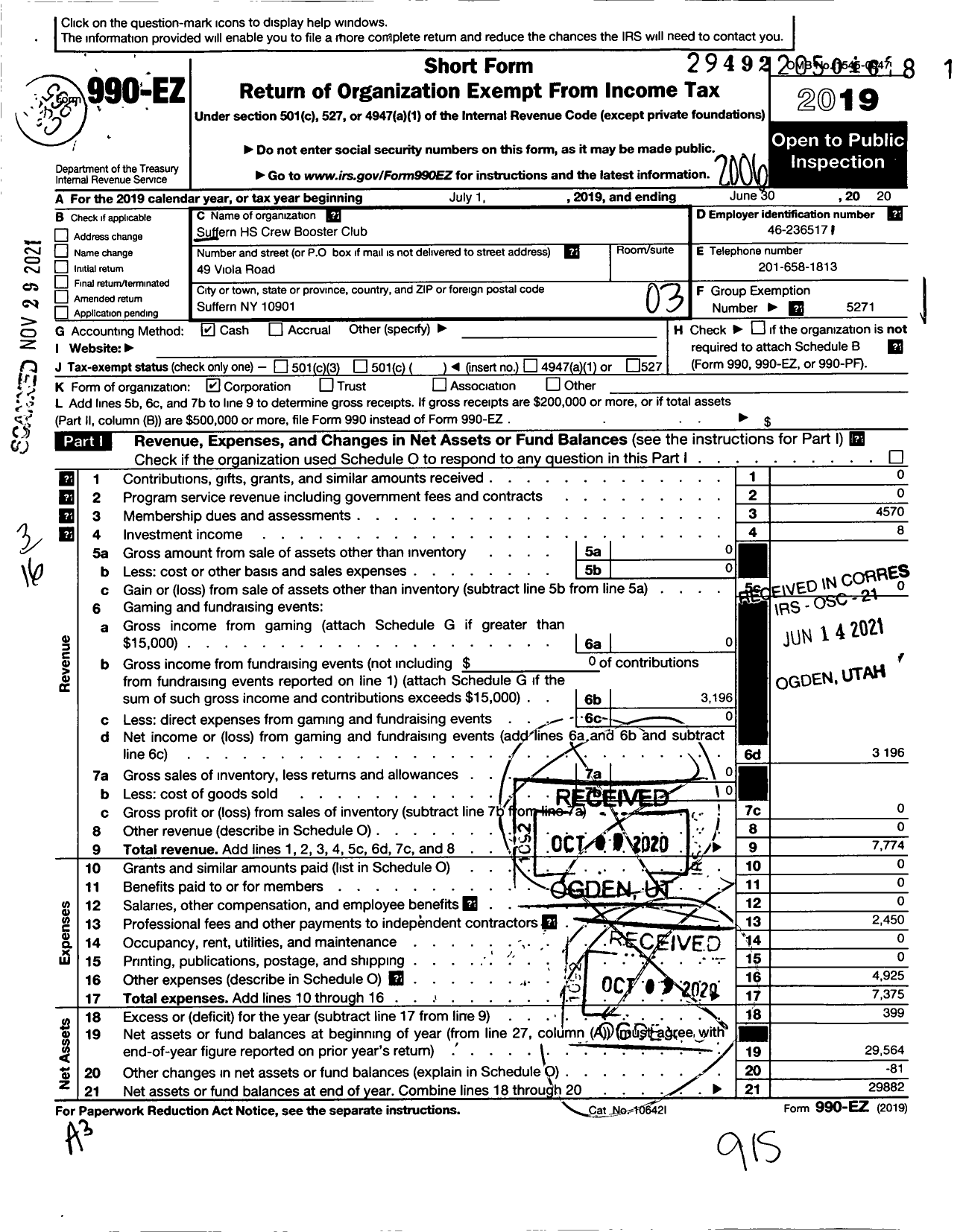 Image of first page of 2019 Form 990EZ for Parent Booster USA / Suffern HS Crew Booster Club Inc