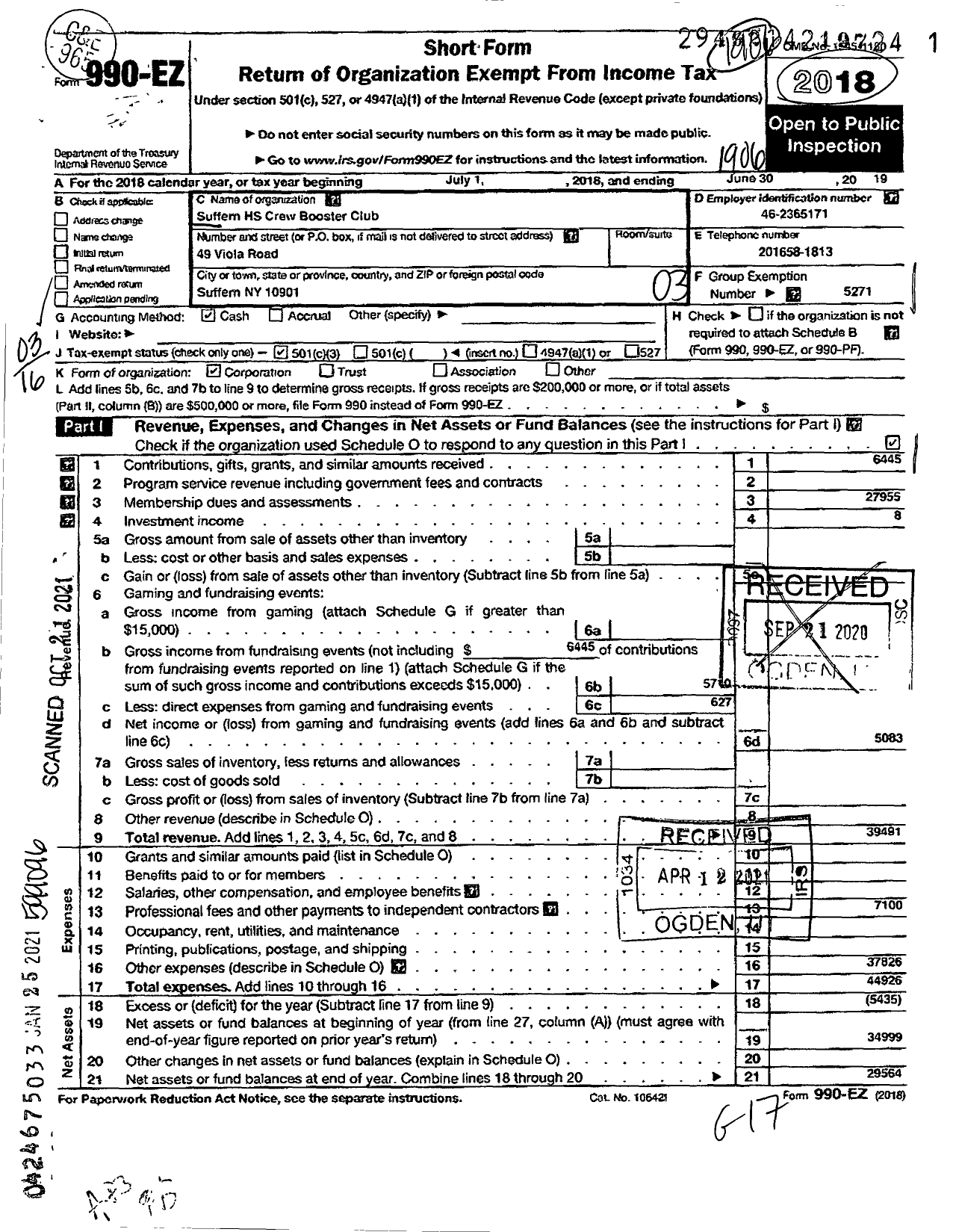 Image of first page of 2018 Form 990EZ for Parent Booster USA / Suffern HS Crew Booster Club Inc