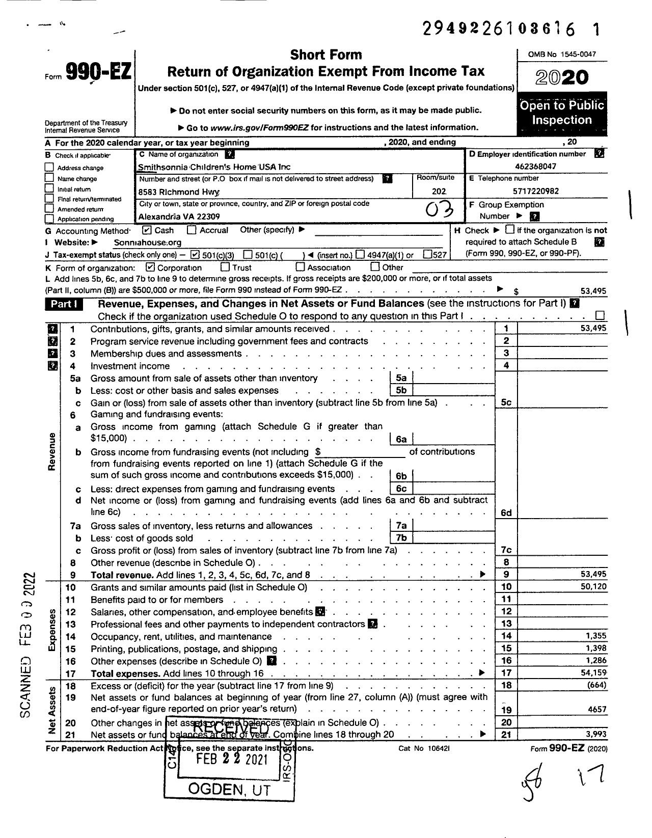 Image of first page of 2020 Form 990EZ for Smithsonnia Children's Home USA Inc Sonnia House